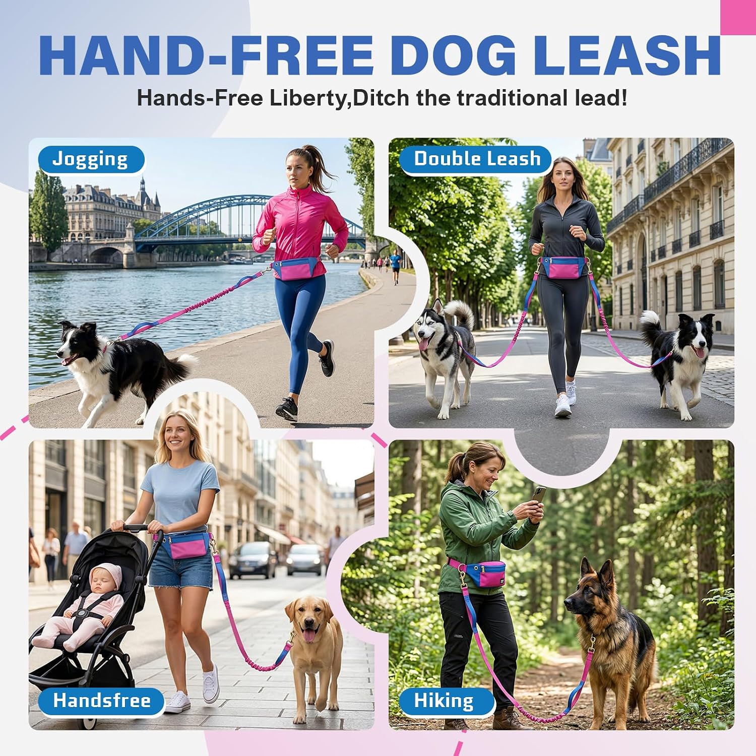 Hands-Free Dog Leash with Pouch, Adjustable Bungee Waist Leash, Dual Handles & Reflective Stitching for Walking, Running, Hiking and Training Medium Large Dogs(Pink) — image 2 of 9