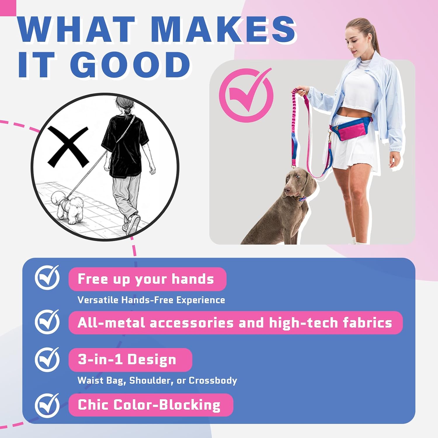 Hands-Free Dog Leash with Pouch, Adjustable Bungee Waist Leash, Dual Handles & Reflective Stitching for Walking, Running, Hiking and Training Medium Large Dogs(Pink) — image 3 of 9