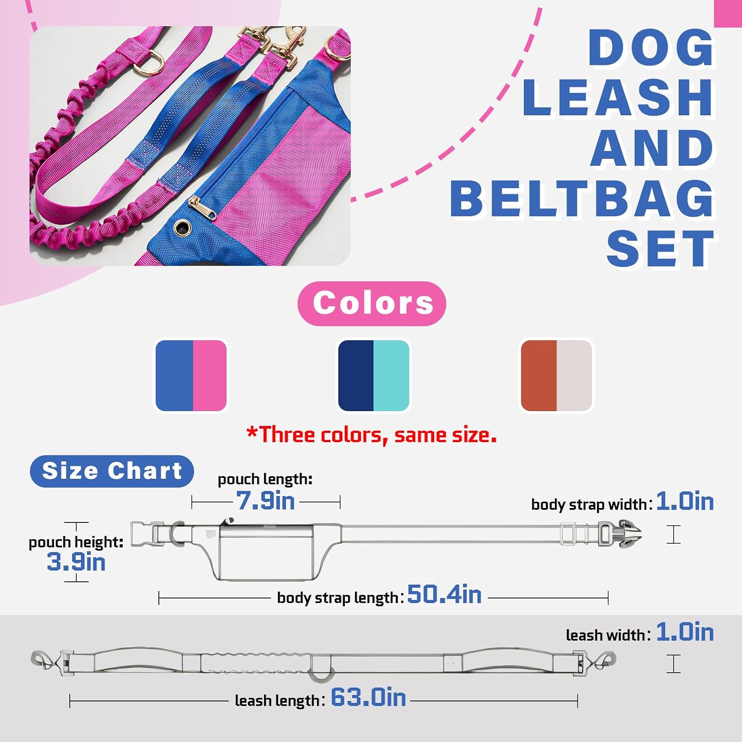 Hands-Free Dog Leash with Pouch, Adjustable Bungee Waist Leash, Dual Handles & Reflective Stitching for Walking, Running, Hiking and Training Medium Large Dogs(Pink) — image 6 of 9