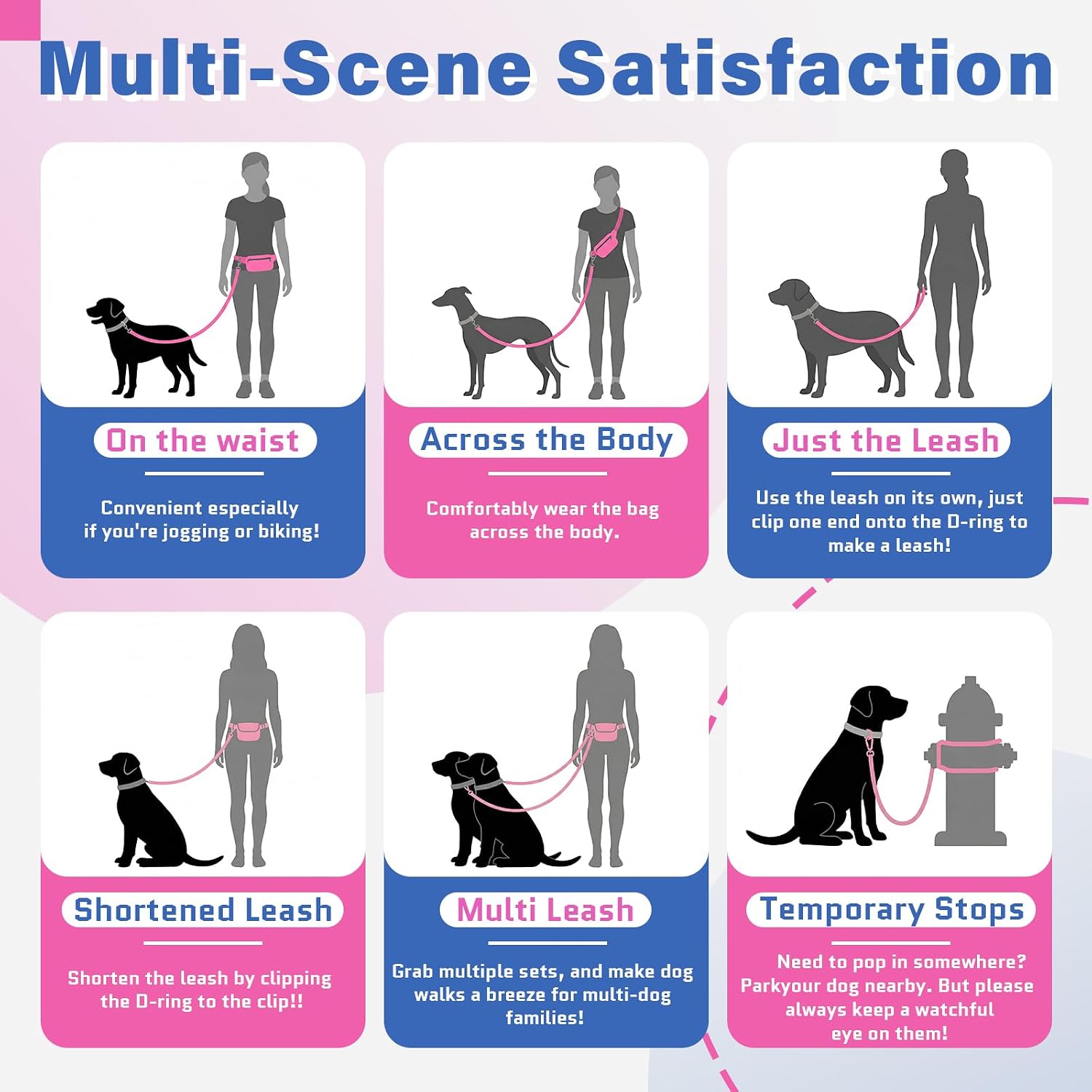 Hands-Free Dog Leash with Pouch, Adjustable Bungee Waist Leash, Dual Handles & Reflective Stitching for Walking, Running, Hiking and Training Medium Large Dogs(Pink) — image 7 of 9