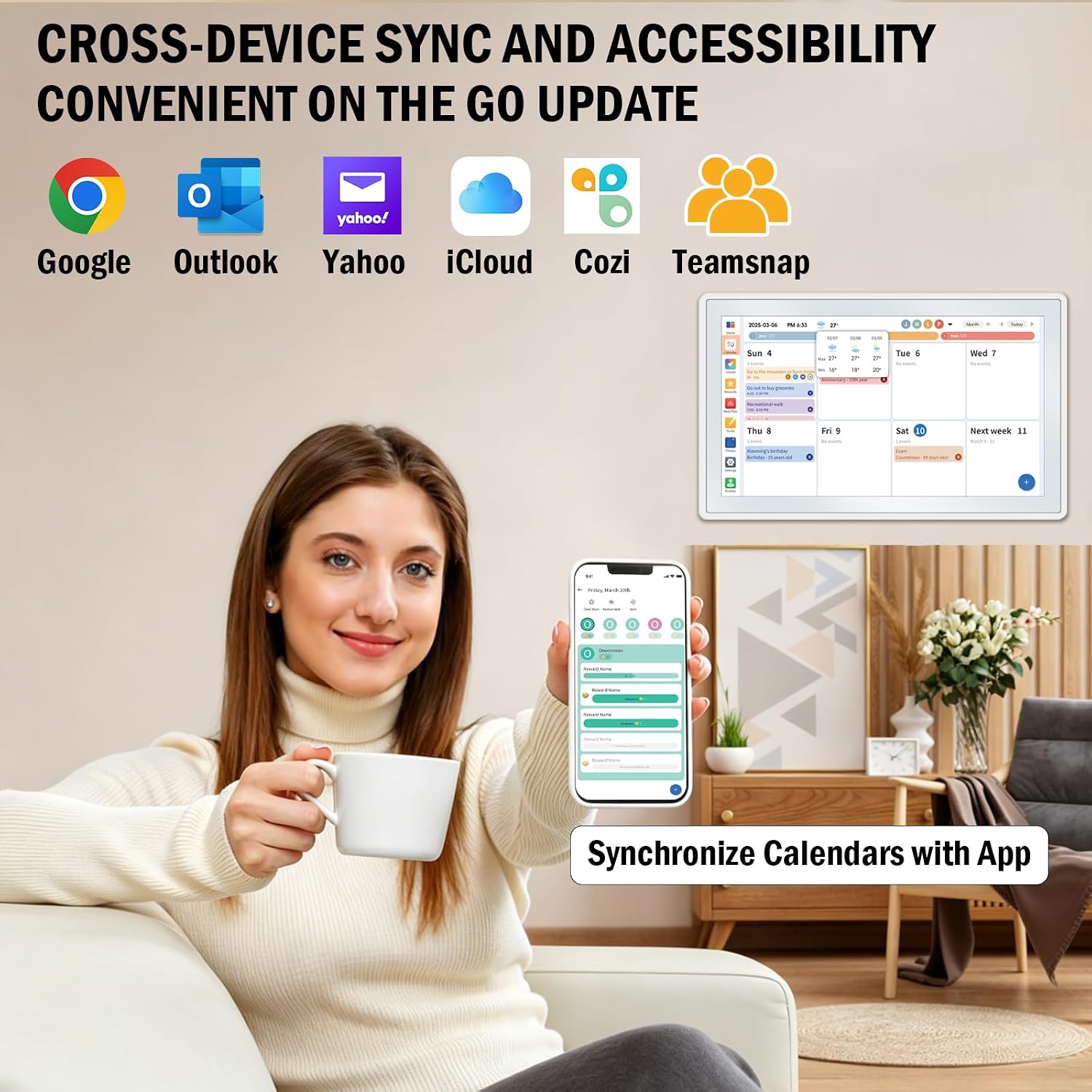15.6" Smart Digital Wall Calendar - 1080P HD Touchscreen Electronic Planner & Family Hub for Chore Charts & Meal Planning. Auto-Syncs with Google, iCloud, Outlook, Cozi — image 3 of 8