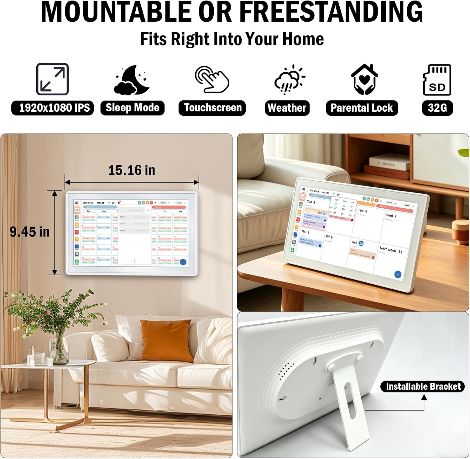 15.6" Smart Digital Wall Calendar - 1080P HD Touchscreen Electronic Planner & Family Hub for Chore Charts & Meal Planning. Auto-Syncs with Google, iCloud, Outlook, Cozi — image 8 of 8
