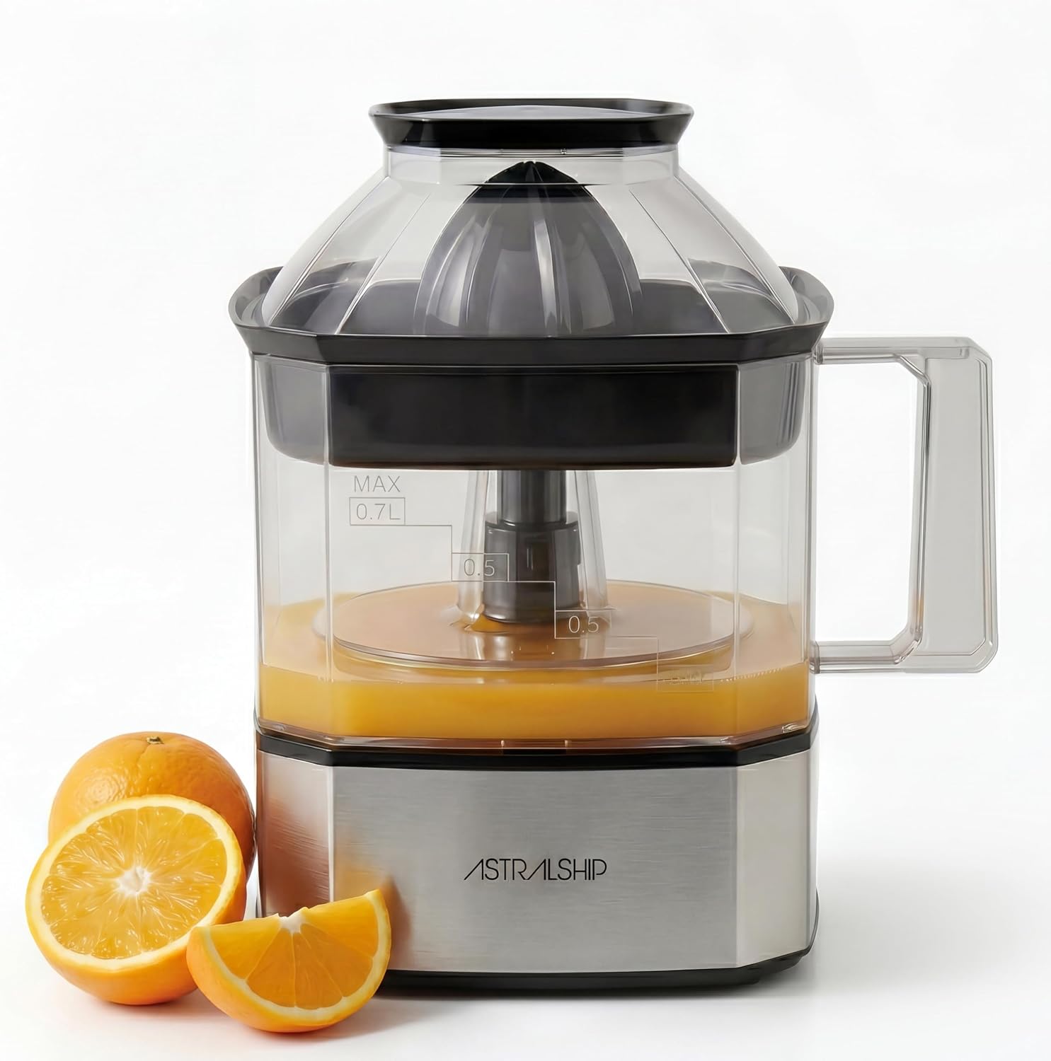 Citrus Juicer Machine Electric Orange & Lemon Squeezer with Stainless Steel Base, 24oz Pitcher, Pressure-Activated, 2 Cones & Pulp Filter for Orange, Lemon, Grapefruit Juice