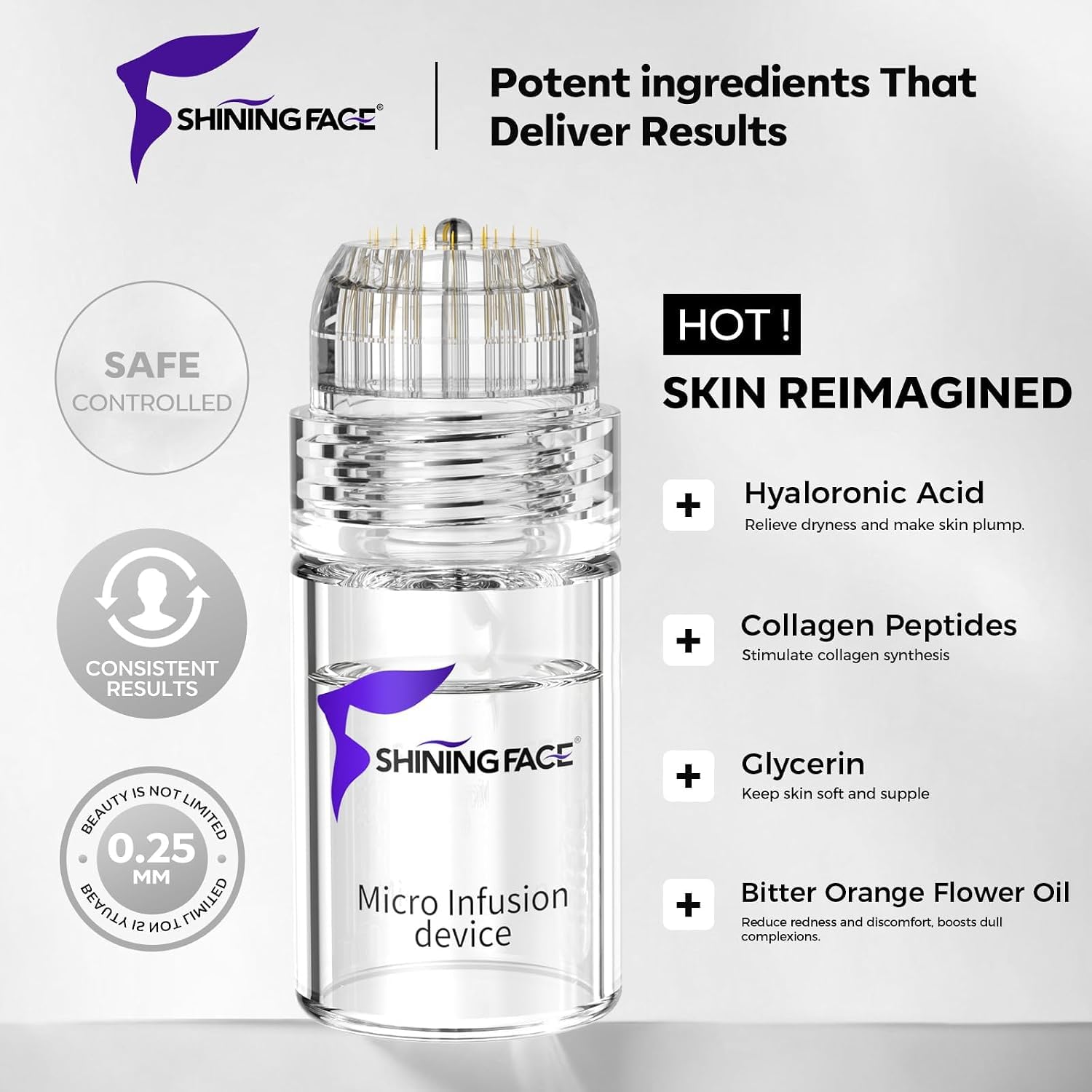 Micro Infusion System for Face & Neck-Micro Infusion Kit to Leave Skin Firmer & Smoother-0.25mm Facial Stamp with Collagen & Hyaluronic Acid Serum for At Home Glow and Anti-aging-3 Month Supply — image 8 of 10