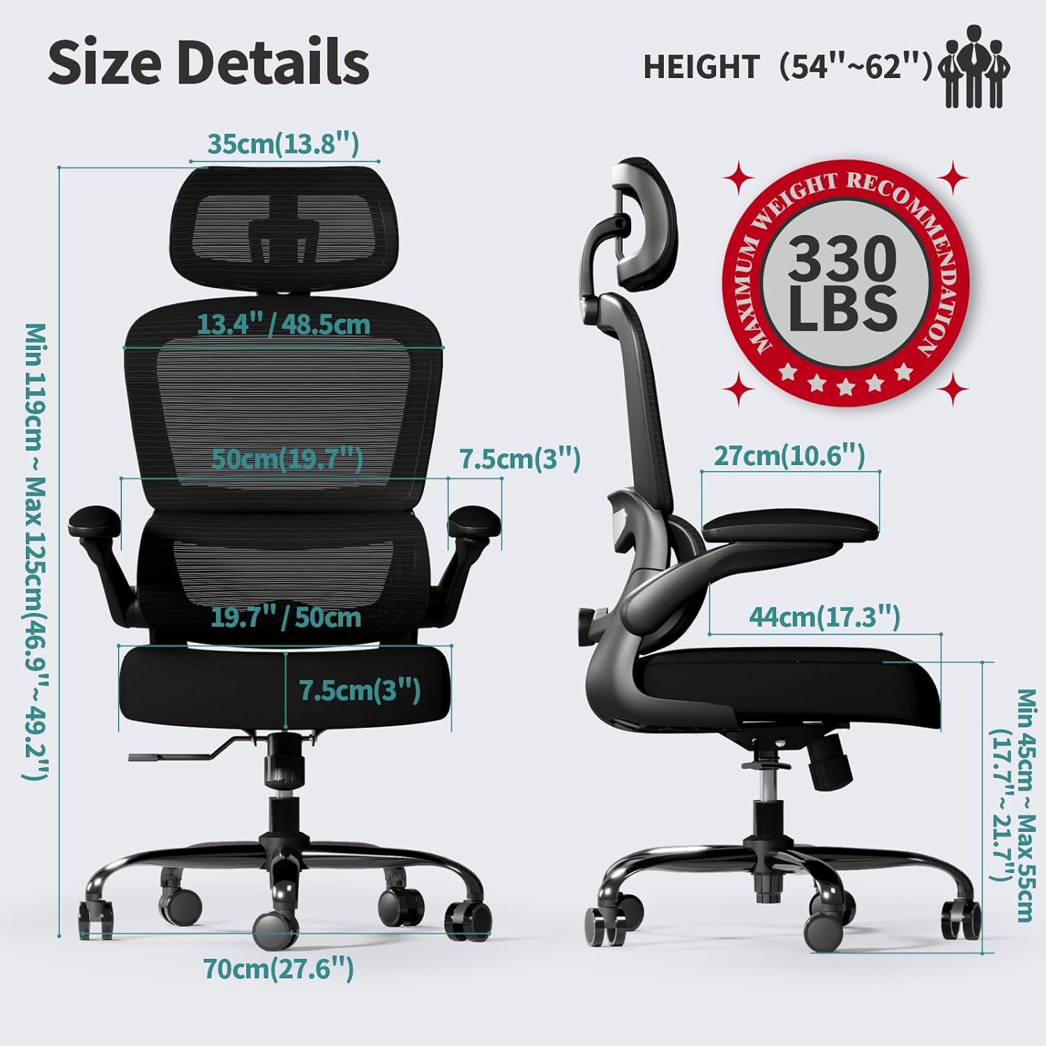 Office Chair Ergonomic Desk Chair - Gaming Chair with Lumbar Support 330 LBS Home Office Desk Chairs with Headrest, Reading Chair with Flip-up Armrests, Comfortable Computer Chairs Black — image 2 of 8