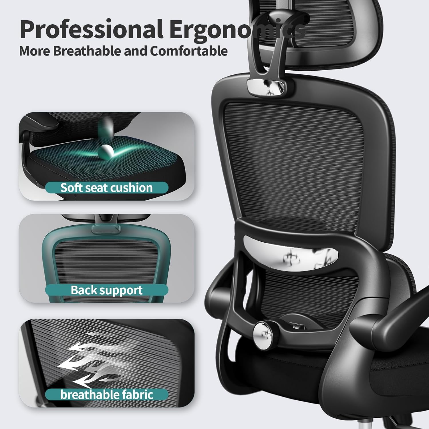 Office Chair Ergonomic Desk Chair - Gaming Chair with Lumbar Support 330 LBS Home Office Desk Chairs with Headrest, Reading Chair with Flip-up Armrests, Comfortable Computer Chairs Black — image 4 of 8