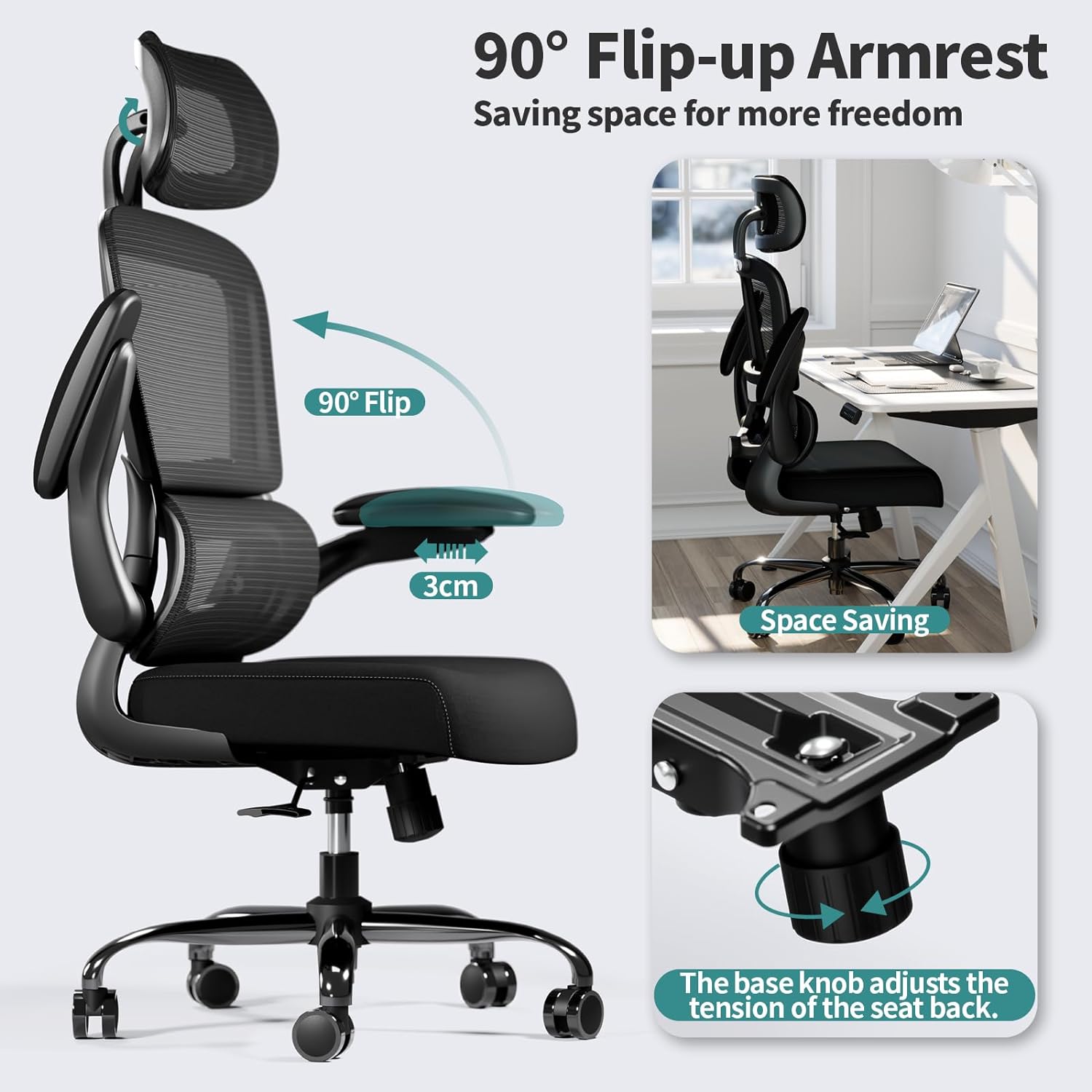 Office Chair Ergonomic Desk Chair - Gaming Chair with Lumbar Support 330 LBS Home Office Desk Chairs with Headrest, Reading Chair with Flip-up Armrests, Comfortable Computer Chairs Black — image 5 of 8
