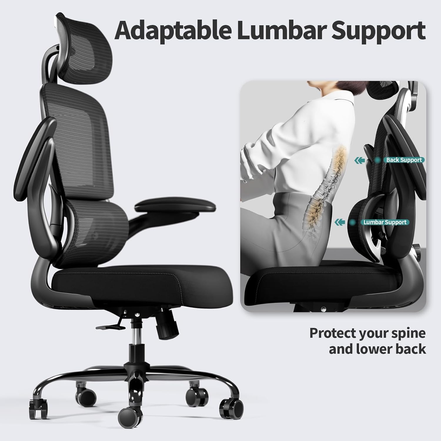 Office Chair Ergonomic Desk Chair - Gaming Chair with Lumbar Support 330 LBS Home Office Desk Chairs with Headrest, Reading Chair with Flip-up Armrests, Comfortable Computer Chairs Black — image 6 of 8