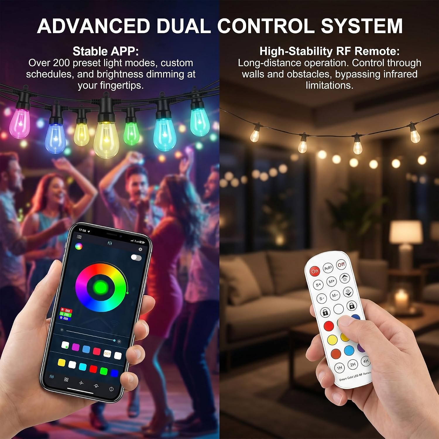 Outdoor String Lights 50FT, RGBW Clear ST14 Bulbs with App Control — image 2 of 8