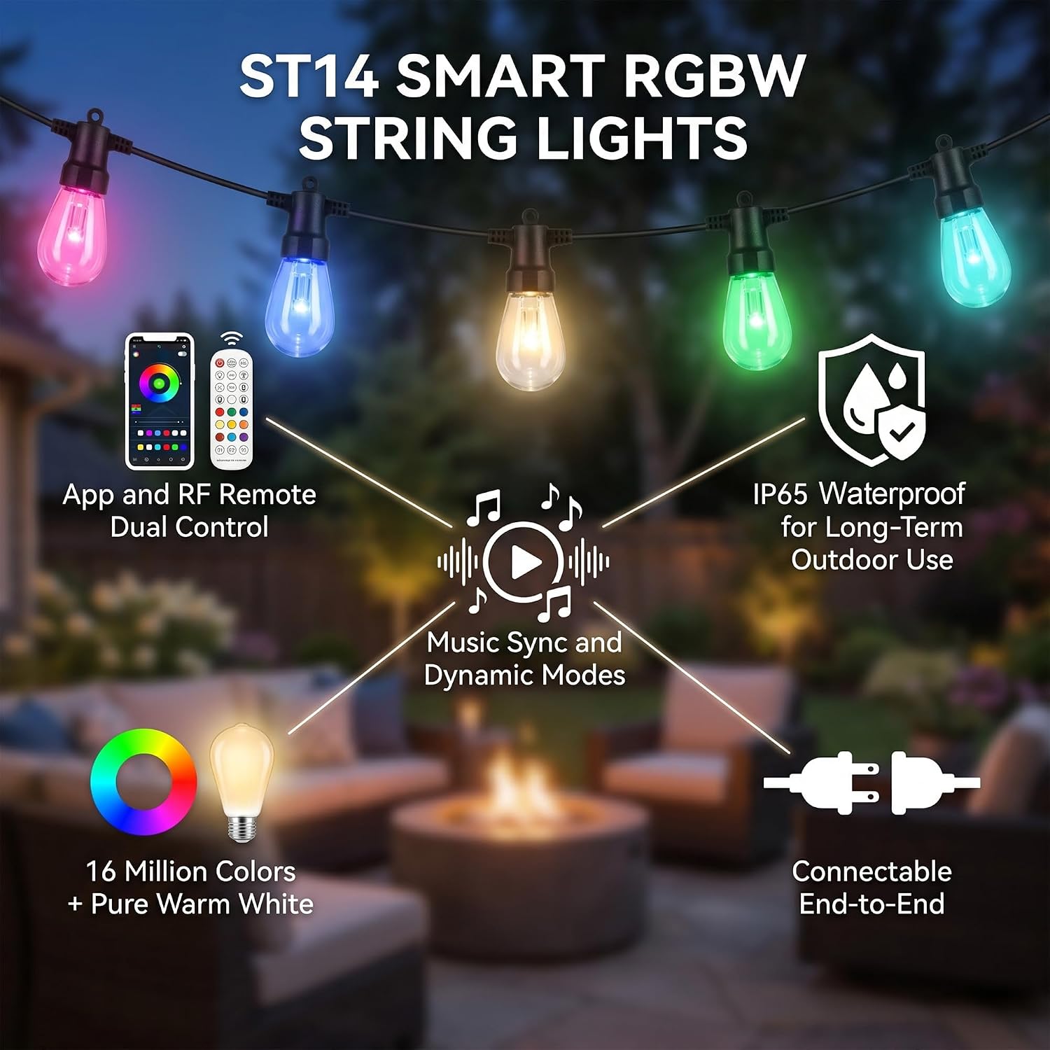 Outdoor String Lights 50FT, RGBW Clear ST14 Bulbs with App Control — image 7 of 8