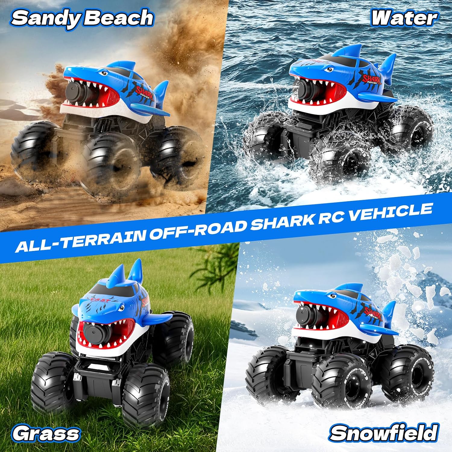 Gesture Sensing Amphibious Remote Control Shark Monster Truck with Water Squirt 4WD 1:16 RC Car All-Terrain Waterproof RC Tank Pool Toy Outdoor Summer Gifts for Kids Age 6+（With 2 Replaceable battery) — image 6 of 7