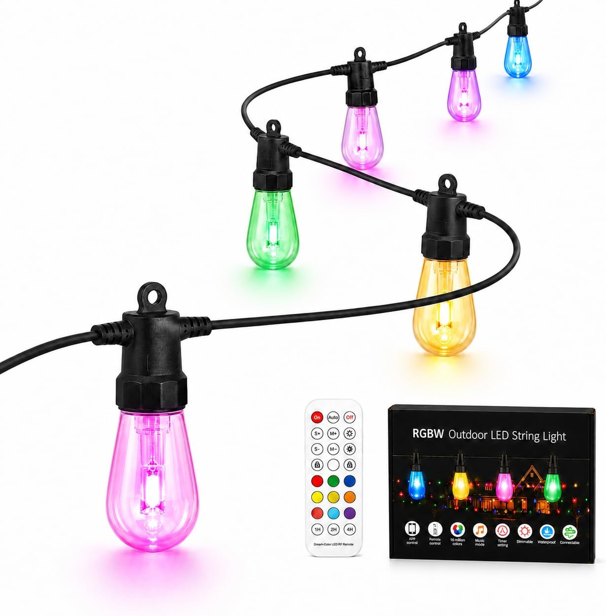 Outdoor String Lights for Patio,50FT RGBW App Remote,20 Bulbs