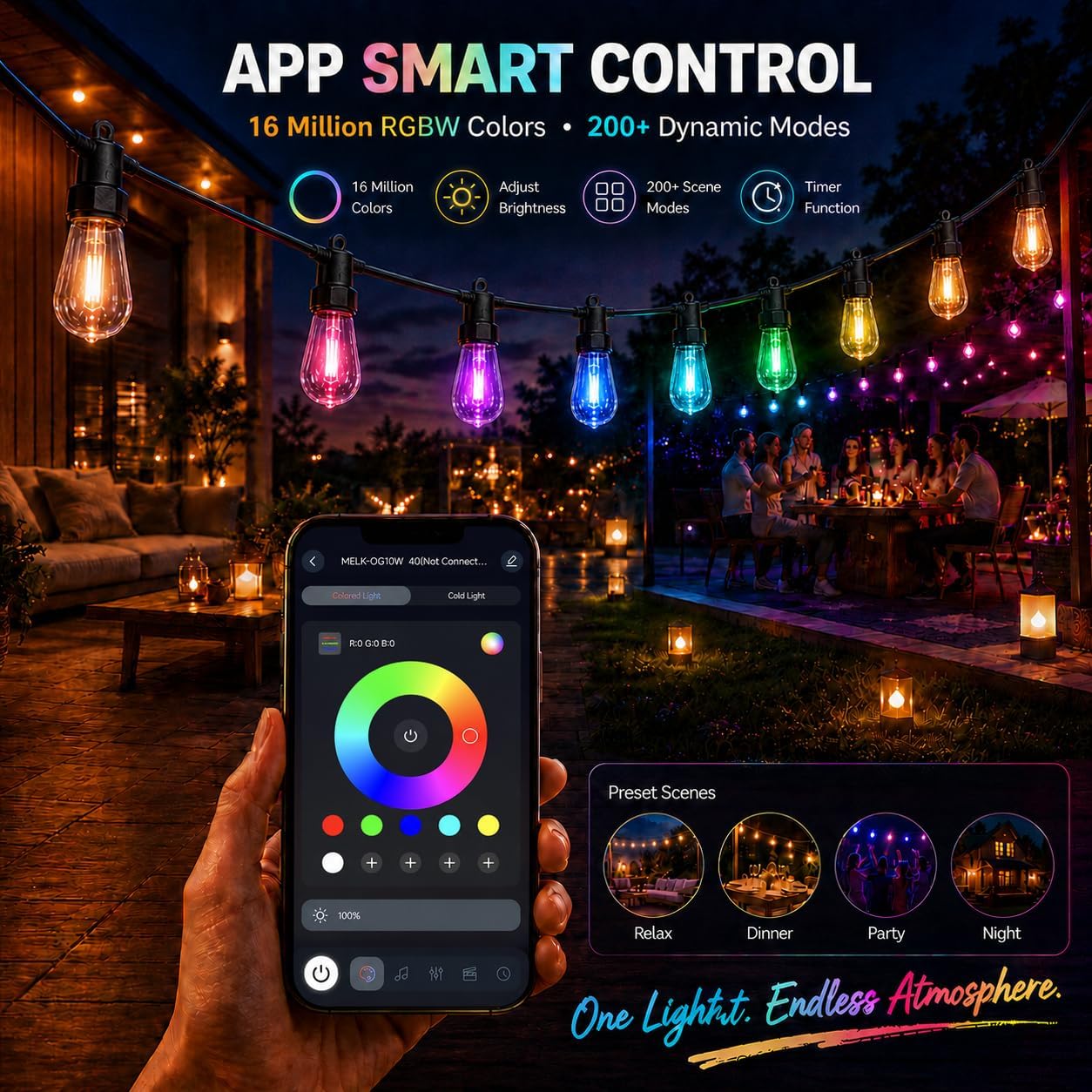 Outdoor String Lights for Patio,50FT RGBW App Remote,20 Bulbs — image 2 of 8