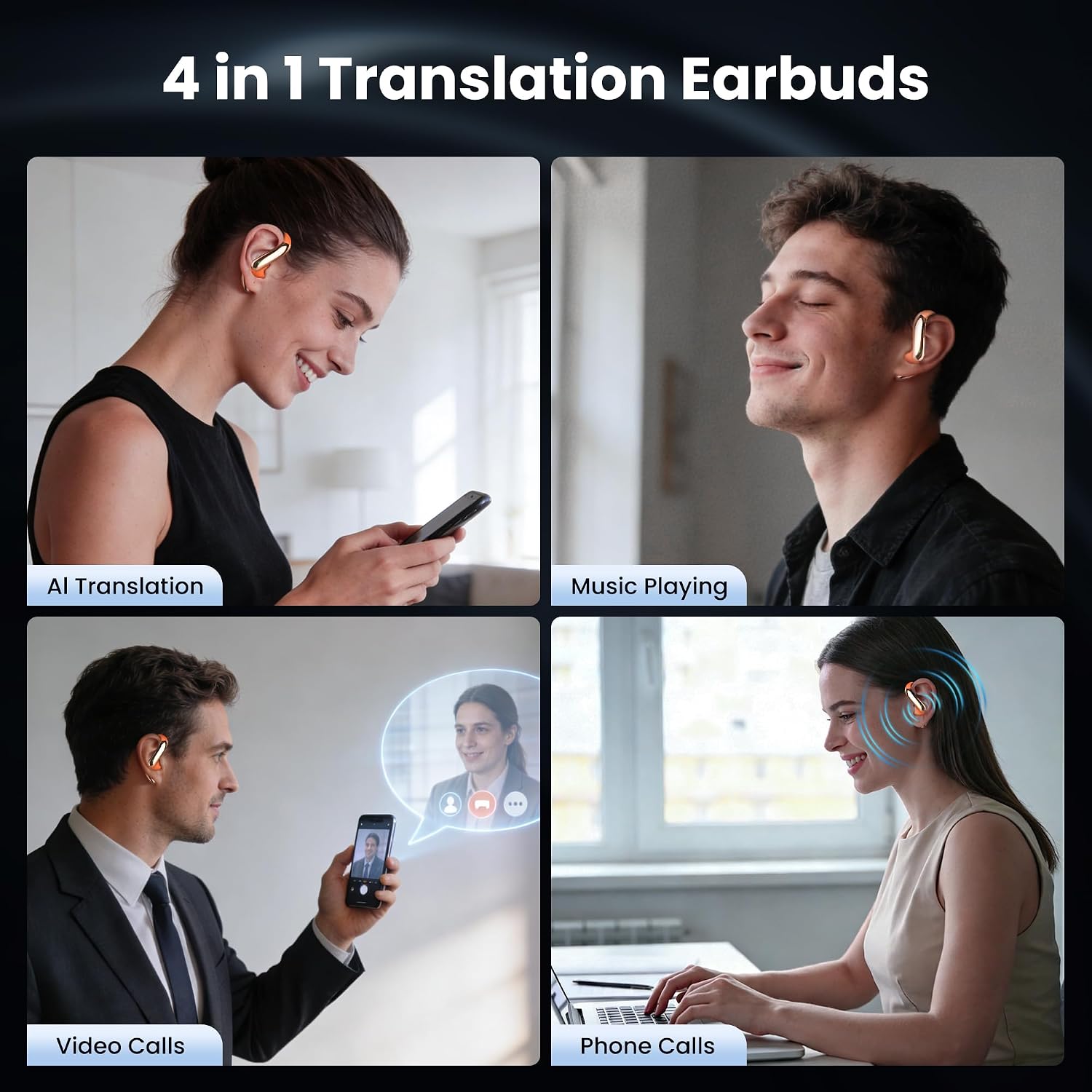 AI Translation Earbuds Real Time 4-in-1 Translation Headphones 50H Playtime Translating Device Audifonos Traductores Inglés Español for Face-to-Face & Travel Business Tangerine — image 2 of 12