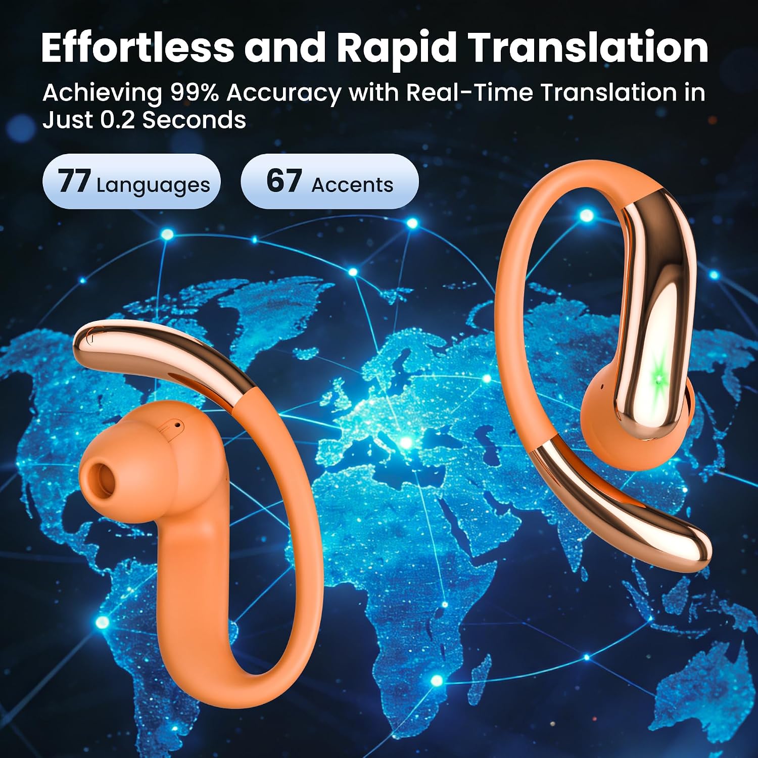 AI Translation Earbuds Real Time 4-in-1 Translation Headphones 50H Playtime Translating Device Audifonos Traductores Inglés Español for Face-to-Face & Travel Business Tangerine — image 4 of 12