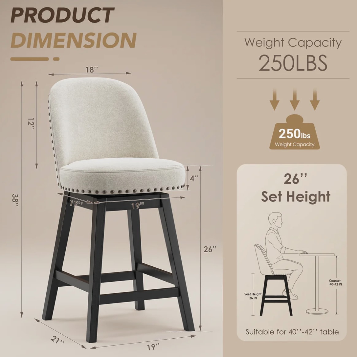 Vintage Upholstered Swivel Barstool with Wood Legs (Set of 2) — image 5 of 6