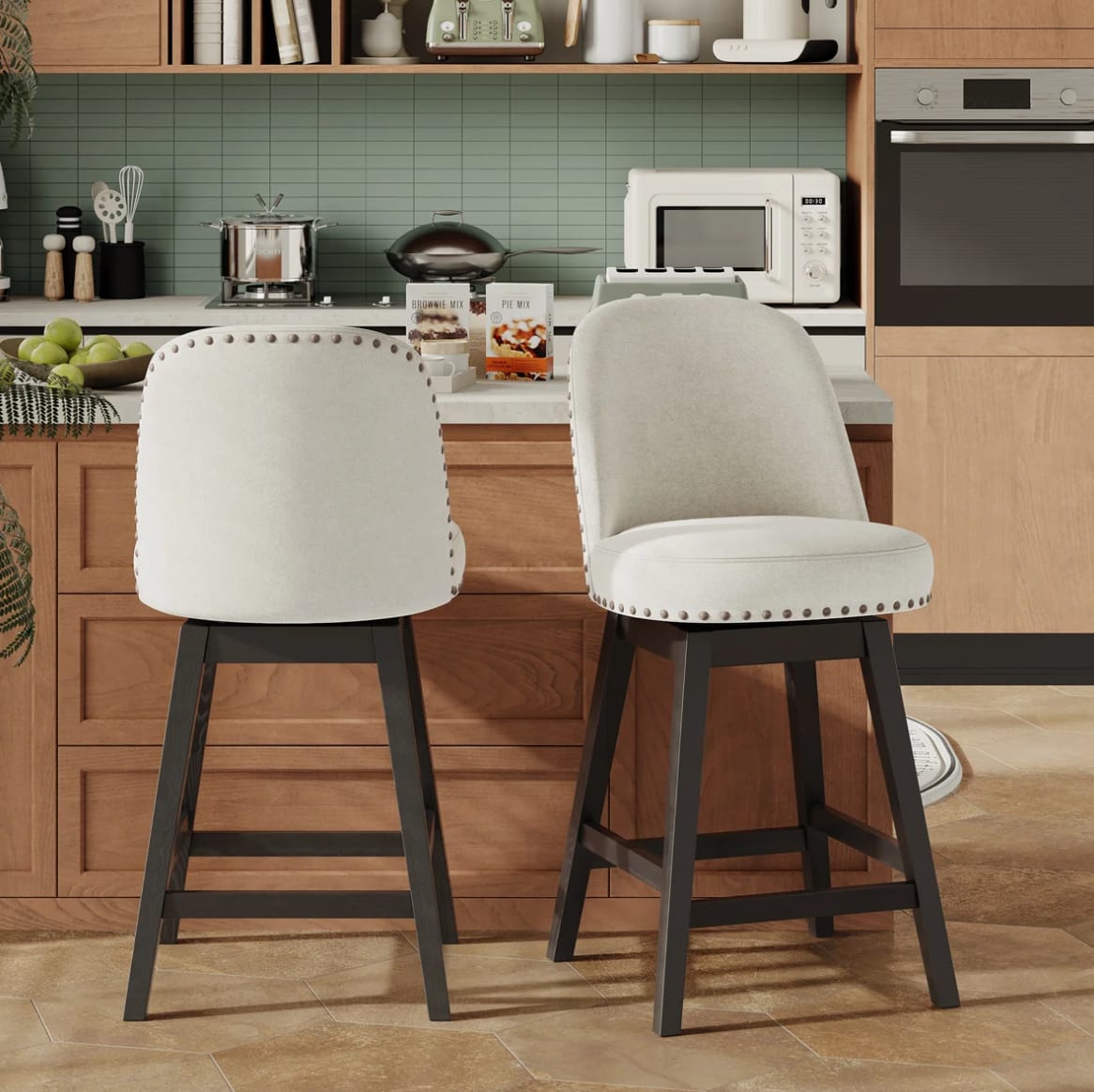 Vintage Upholstered Swivel Barstool with Wood Legs (Set of 2) — image 6 of 6