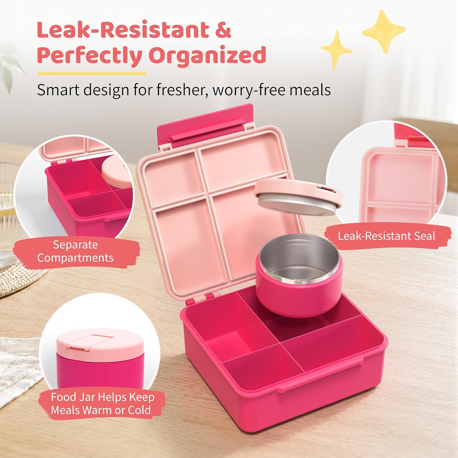 Bento Lunch Box with 8oz Soup Thermo, Kids Leakproof Lunch Food Containers with 4 Compartment, Kids Thermos Insulated Hot Food Jar for School, Travel (Pink) — image 4 of 7