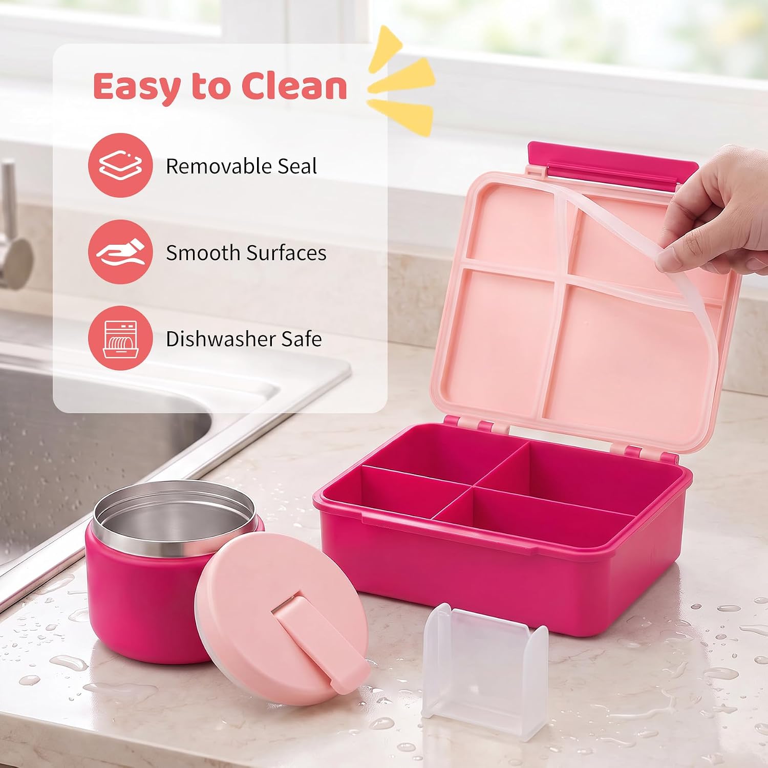 Bento Lunch Box with 8oz Soup Thermo, Kids Leakproof Lunch Food Containers with 4 Compartment, Kids Thermos Insulated Hot Food Jar for School, Travel (Pink) — image 5 of 7