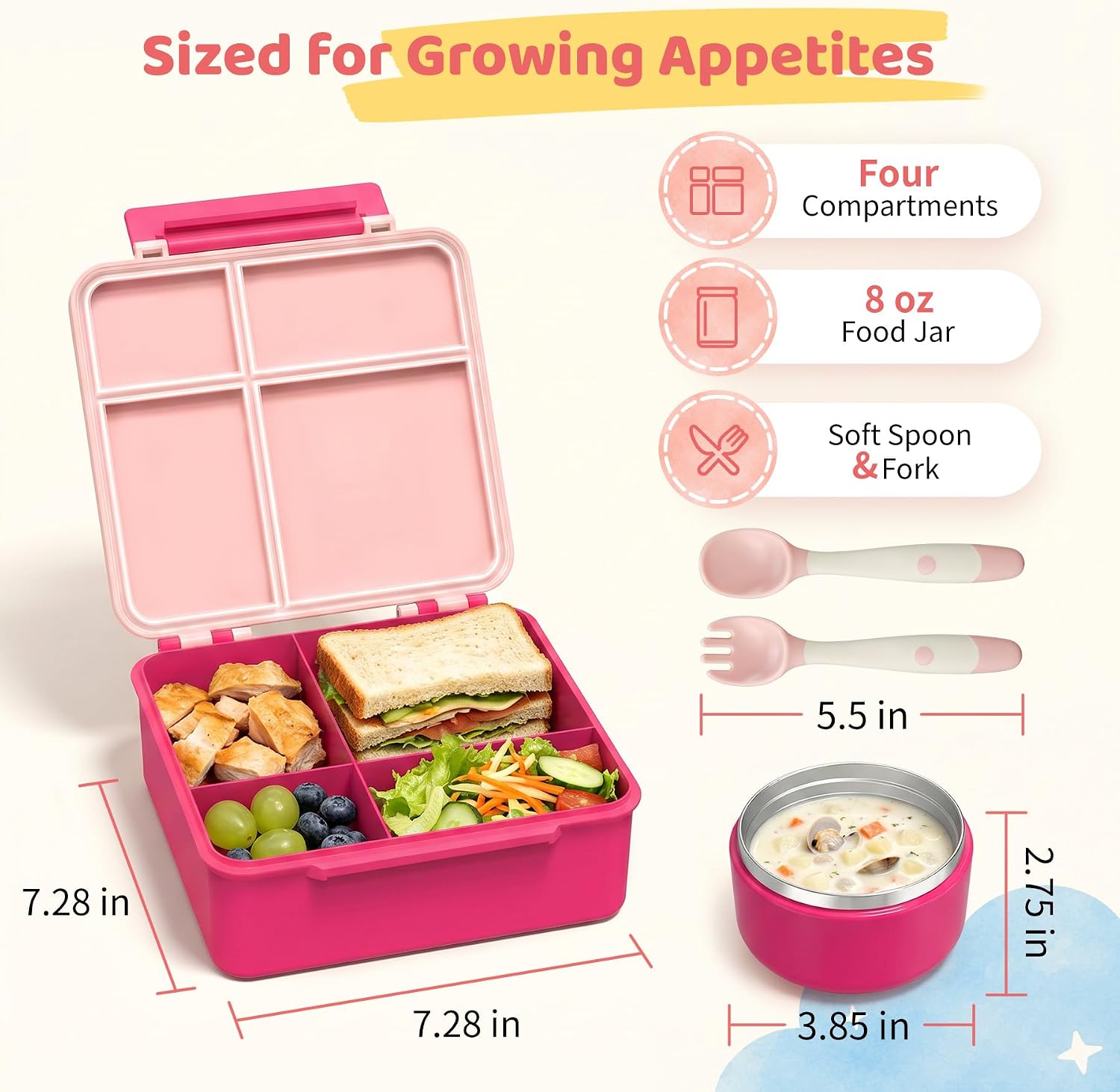 Bento Lunch Box with 8oz Soup Thermo, Kids Leakproof Lunch Food Containers with 4 Compartment, Kids Thermos Insulated Hot Food Jar for School, Travel (Pink) — image 6 of 7