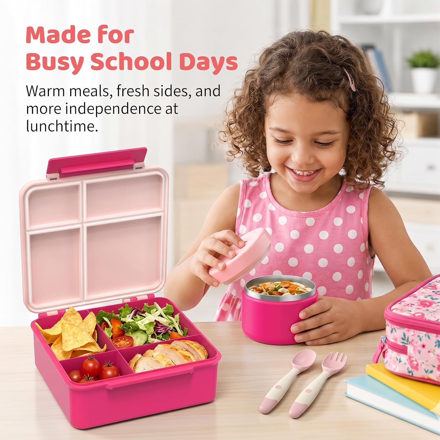 Bento Lunch Box with 8oz Soup Thermo, Kids Leakproof Lunch Food Containers with 4 Compartment, Kids Thermos Insulated Hot Food Jar for School, Travel (Pink) — image 7 of 7