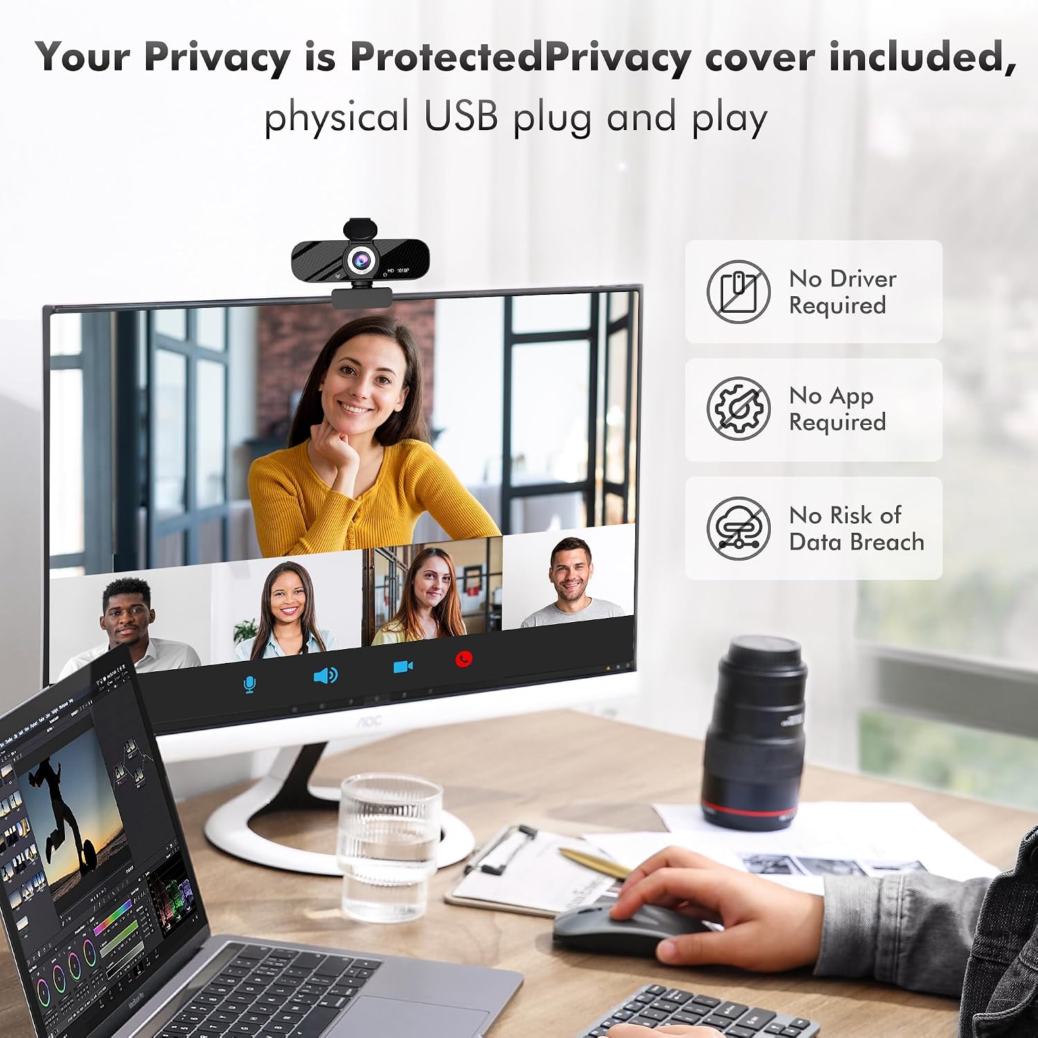 HD Pro PC Webcam, Full HD 1080p/30fps Video, Clear Audio, 120° FOV, Light Correction, Works with Microsoft Teams, Google Meet, Zoom, Mac/Laptop — image 2 of 7