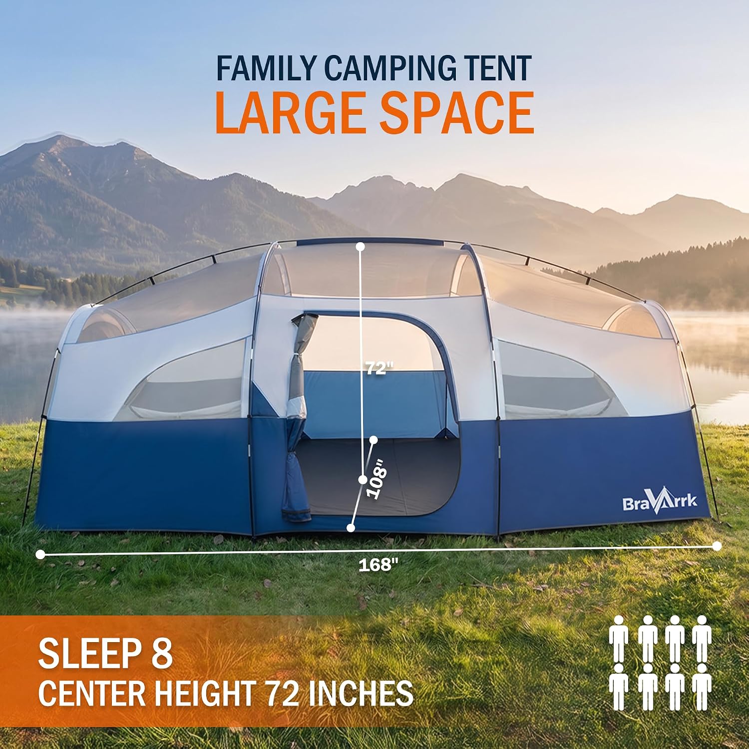 Camping Tent for 8 Person, 3 Room Family Tent with Rainfly — image 2 of 9