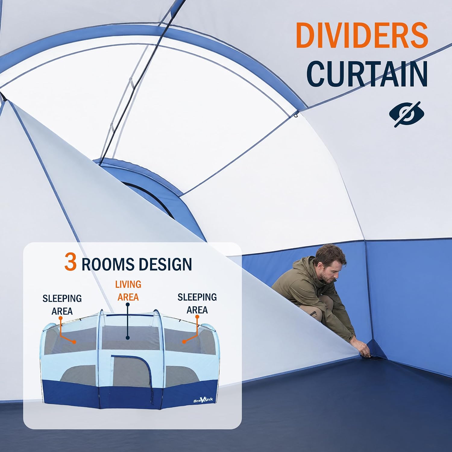 Camping Tent for 8 Person, 3 Room Family Tent with Rainfly — image 3 of 9