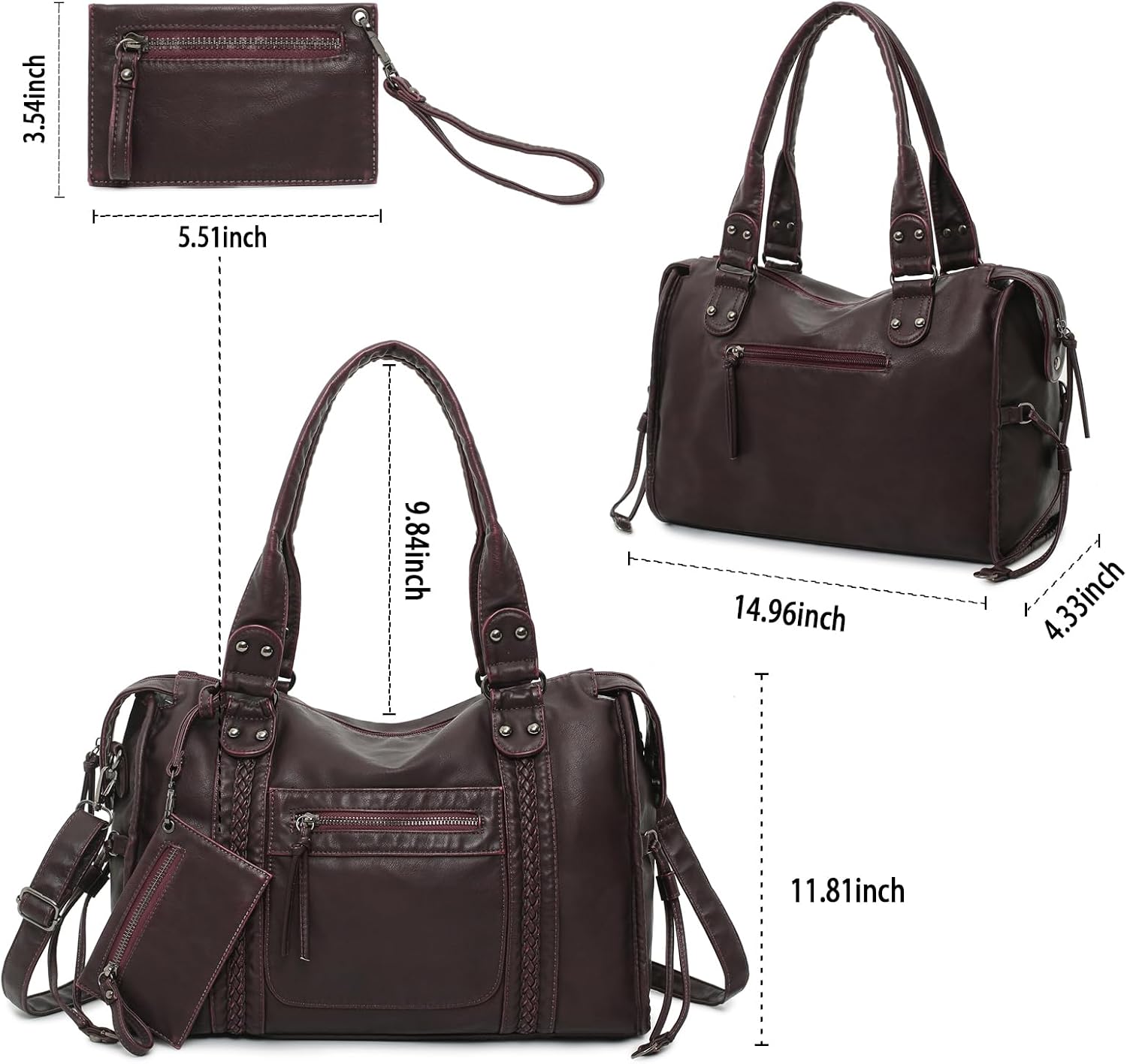 Y2K Vintage Hobo Shoulder Bag for Women, Vegan Leather Tote (Wine Red) — image 4 of 7