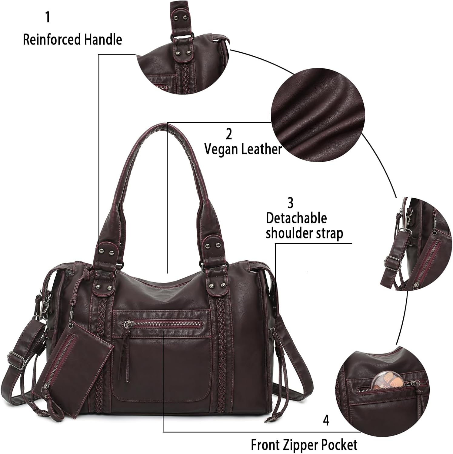 Y2K Vintage Hobo Shoulder Bag for Women, Vegan Leather Tote (Wine Red) — image 6 of 7