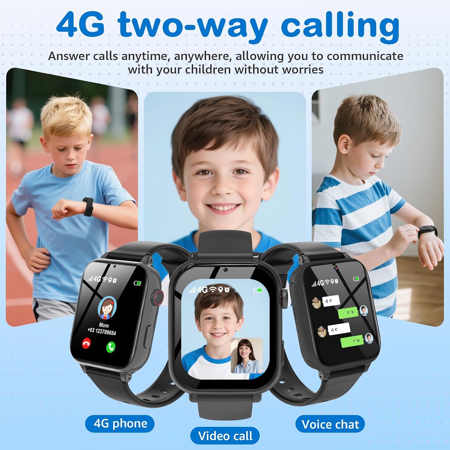 Kids Smart Watch for Boys Girls, 4G Smartwatch Phone for Children with GPS, Call, SOS, Video/Voice Chat, Parental App, Alarm, HD Touchscreen Watches for Kid Gifts Ages 4-12, Bright Grey — image 4 of 7