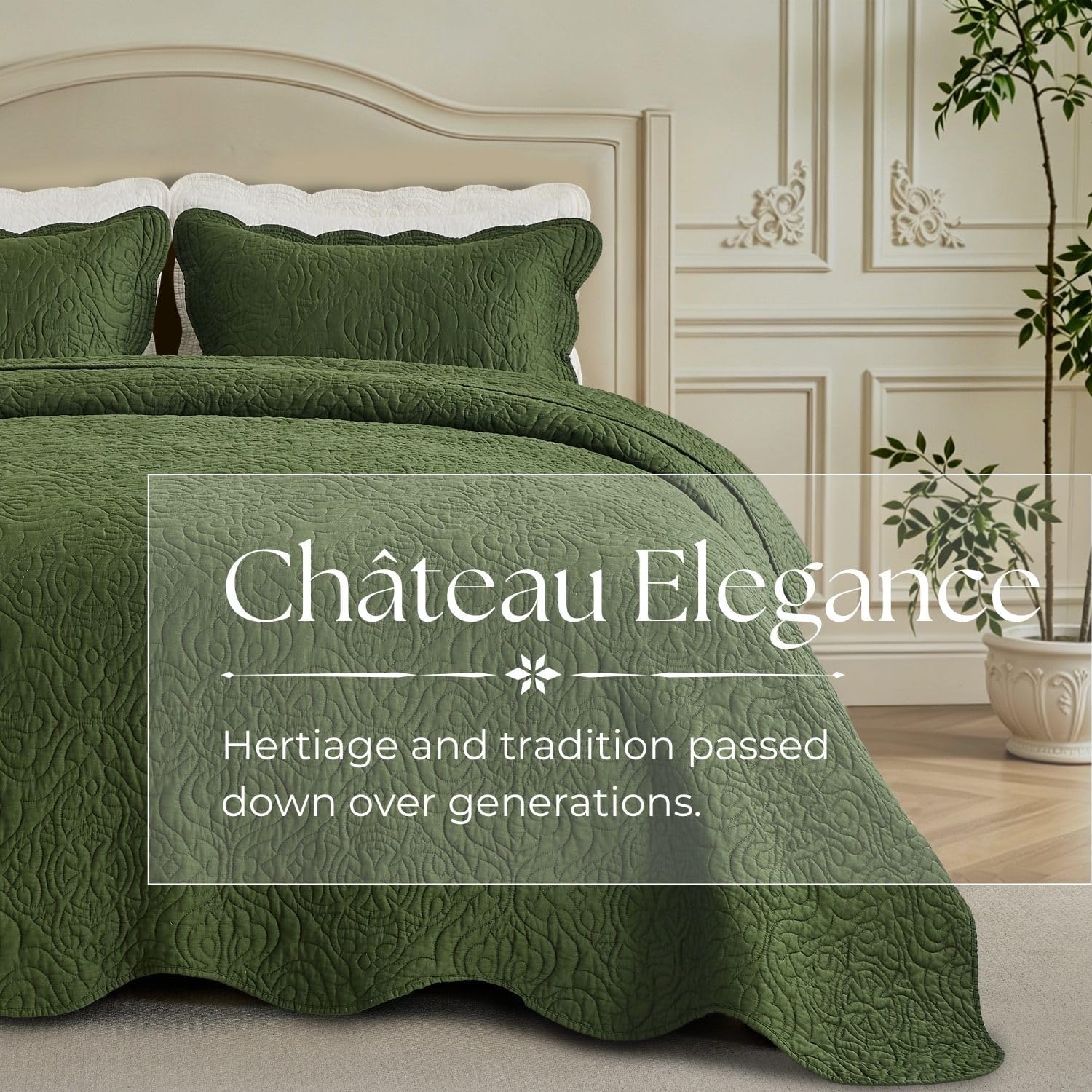 100% Cotton Sateen Quilt Set | Silky Soft & Breathable | Elegant Medallion Damask Pattern | Lightweight Cotton Fill | All-Season Bedding | Queen Size 3-Piece Set, Vine Green, 86"X90" — image 4 of 9