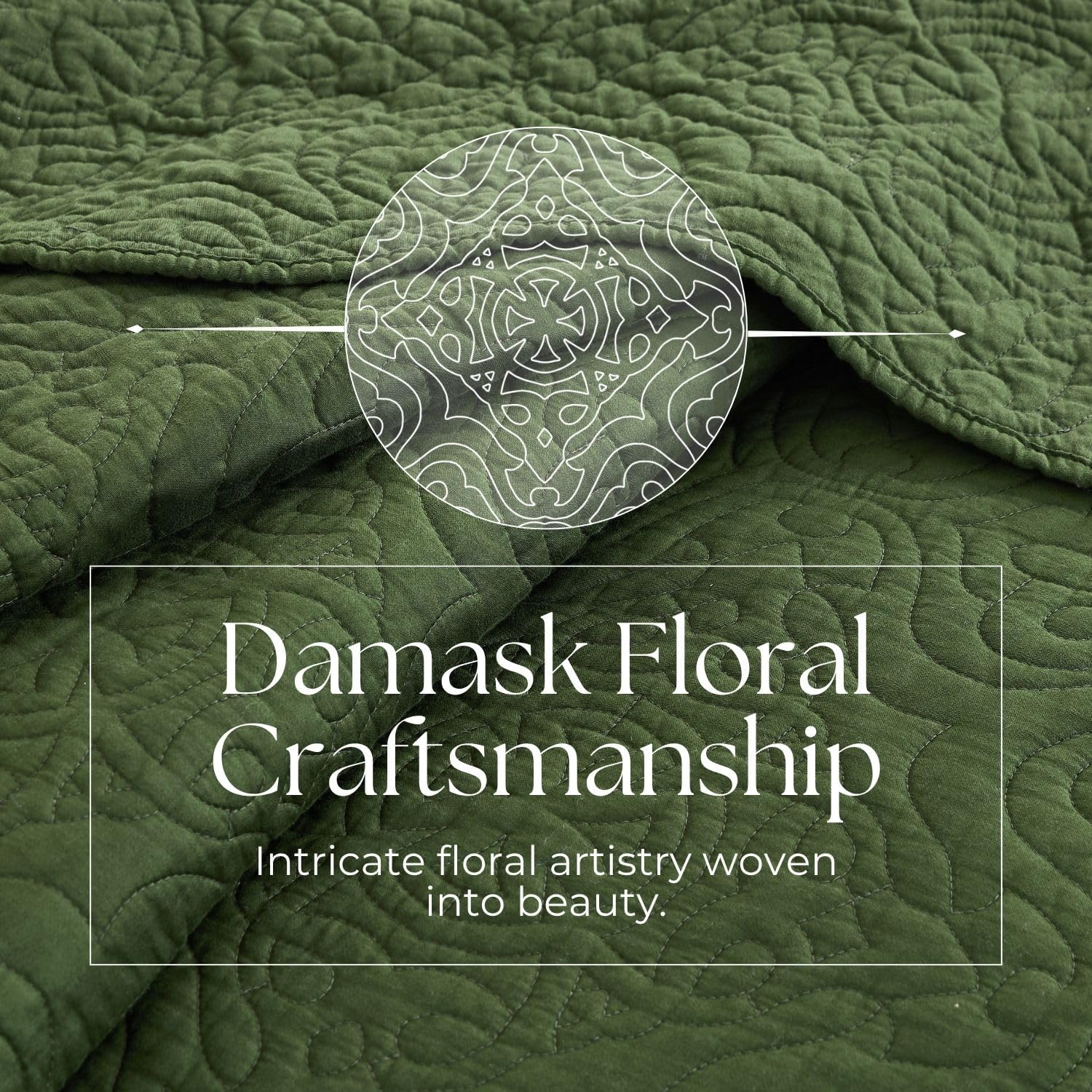 100% Cotton Sateen Quilt Set | Silky Soft & Breathable | Elegant Medallion Damask Pattern | Lightweight Cotton Fill | All-Season Bedding | Queen Size 3-Piece Set, Vine Green, 86"X90" — image 5 of 9