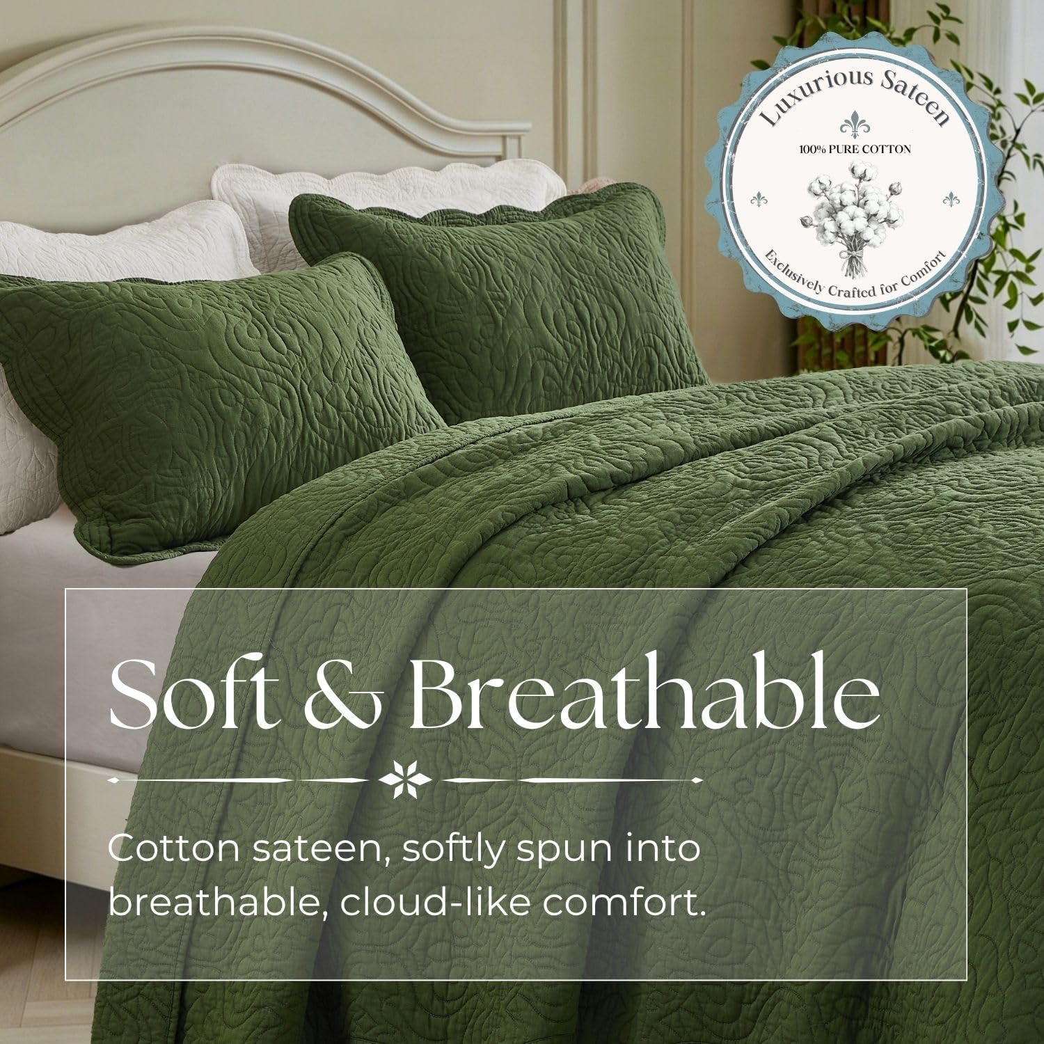 100% Cotton Sateen Quilt Set | Silky Soft & Breathable | Elegant Medallion Damask Pattern | Lightweight Cotton Fill | All-Season Bedding | Queen Size 3-Piece Set, Vine Green, 86"X90" — image 7 of 9
