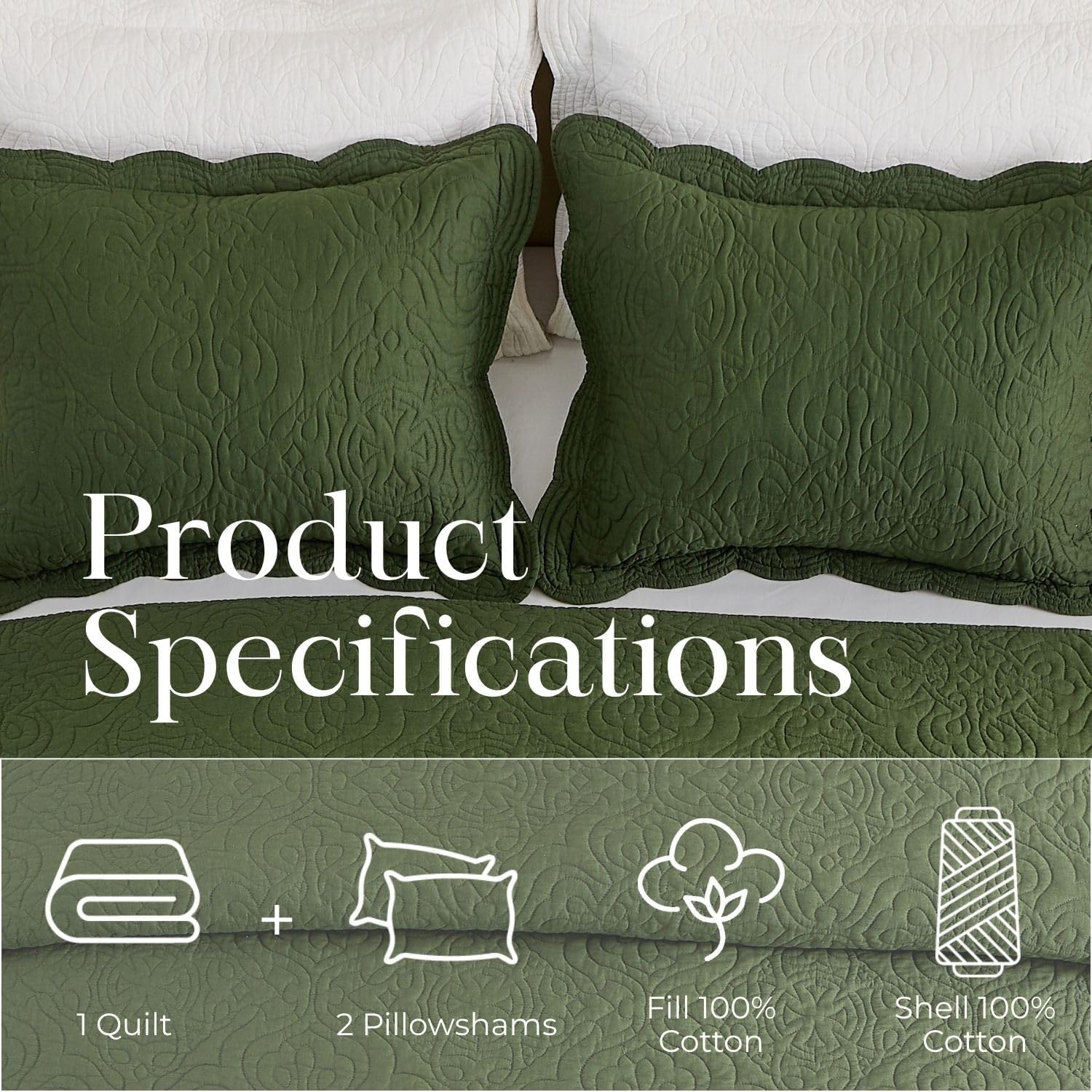 100% Cotton Sateen Quilt Set | Silky Soft & Breathable | Elegant Medallion Damask Pattern | Lightweight Cotton Fill | All-Season Bedding | Queen Size 3-Piece Set, Vine Green, 86"X90" — image 8 of 9
