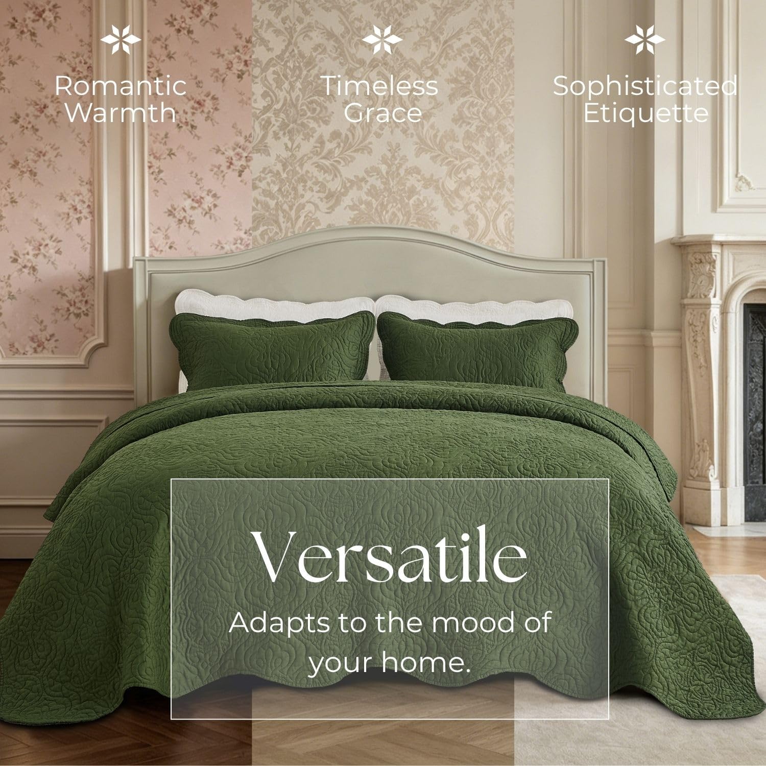 100% Cotton Sateen Quilt Set | Silky Soft & Breathable | Elegant Medallion Damask Pattern | Lightweight Cotton Fill | All-Season Bedding | Queen Size 3-Piece Set, Vine Green, 86"X90" — image 9 of 9