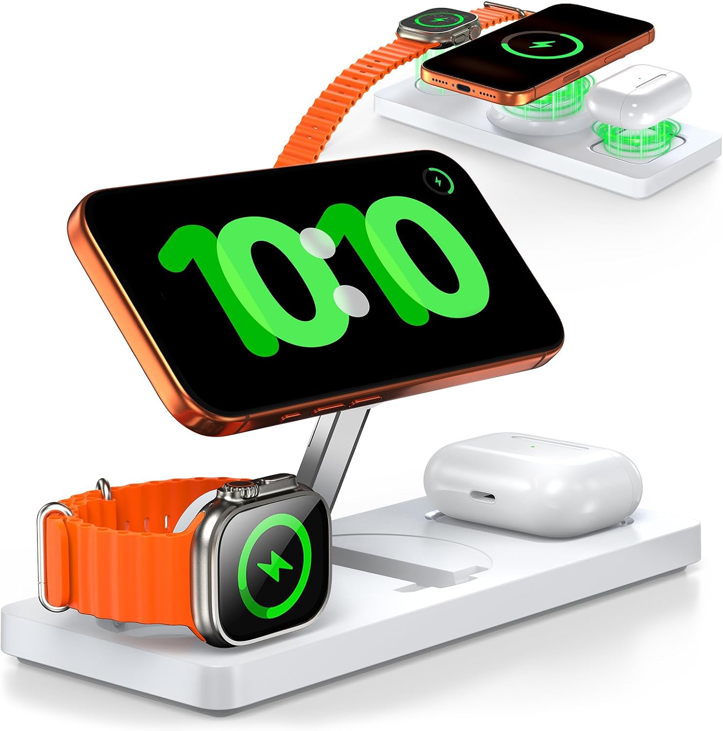 Foldable 3-in-1 Wireless Charging Station for Apple Magsafe Charger Stand, Travel-Friendly Fast Magnetic Wireless Charger Station for iPhone 17/16/15/14/13/12, Apple Watch & AirPods Series, White