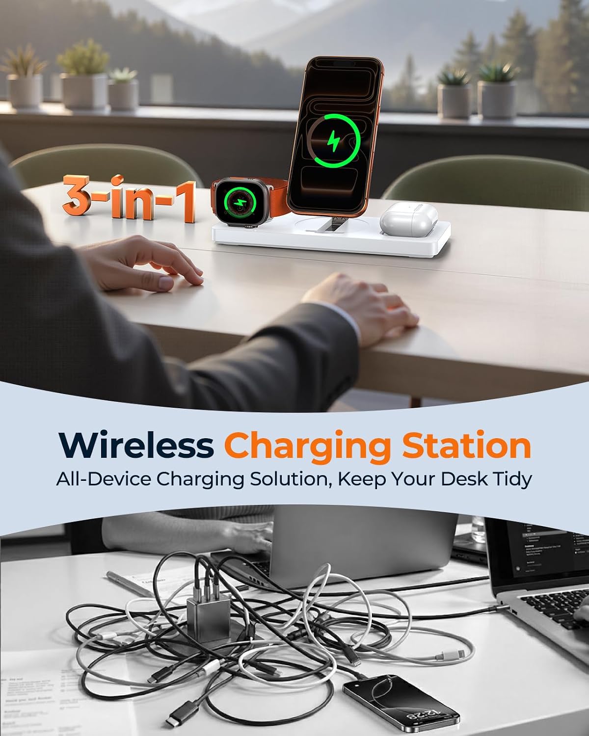 Foldable 3-in-1 Wireless Charging Station for Apple Magsafe Charger Stand, Travel-Friendly Fast Magnetic Wireless Charger Station for iPhone 17/16/15/14/13/12, Apple Watch & AirPods Series, White — image 3 of 9