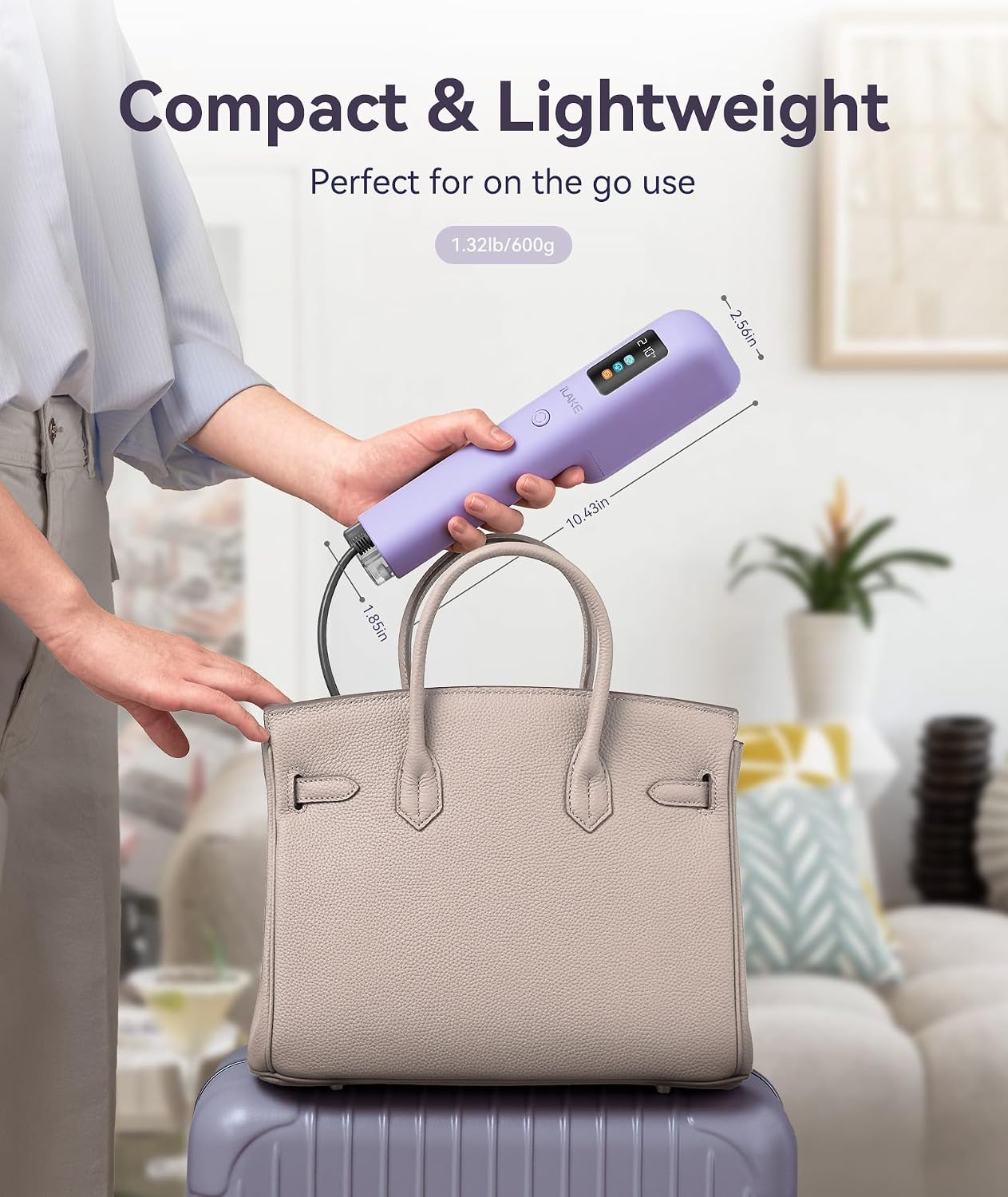 Travel Steamer for Clothes, 100-240V Dual Voltage Handheld Steamer & Iron 2-in-1, Digital Display, 20s Heat Up, Auto Shut-Off, Worldwide Use for Home & Business Travel (Light Purple) — image 2 of 8