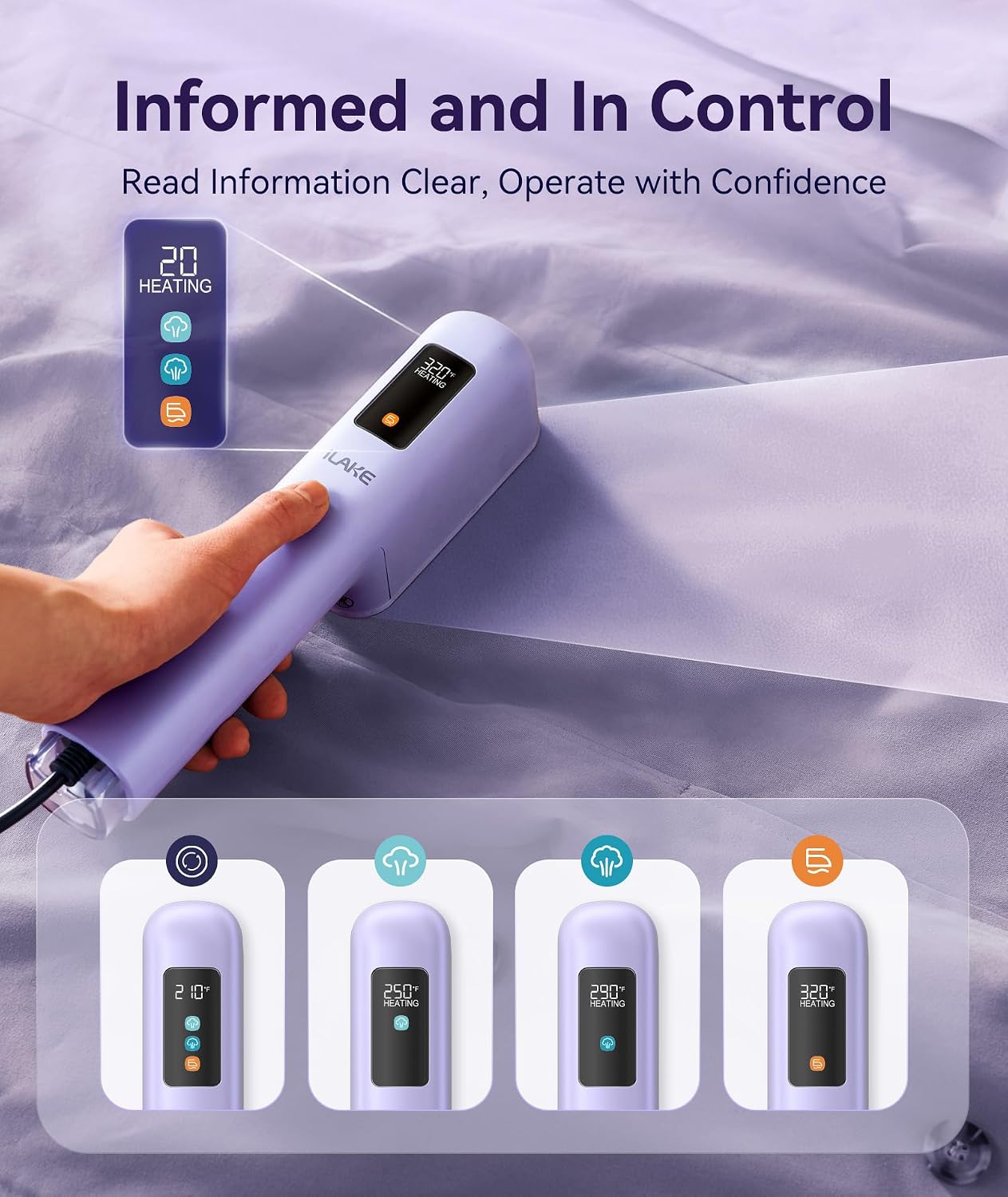 Travel Steamer for Clothes, 100-240V Dual Voltage Handheld Steamer & Iron 2-in-1, Digital Display, 20s Heat Up, Auto Shut-Off, Worldwide Use for Home & Business Travel (Light Purple) — image 4 of 8