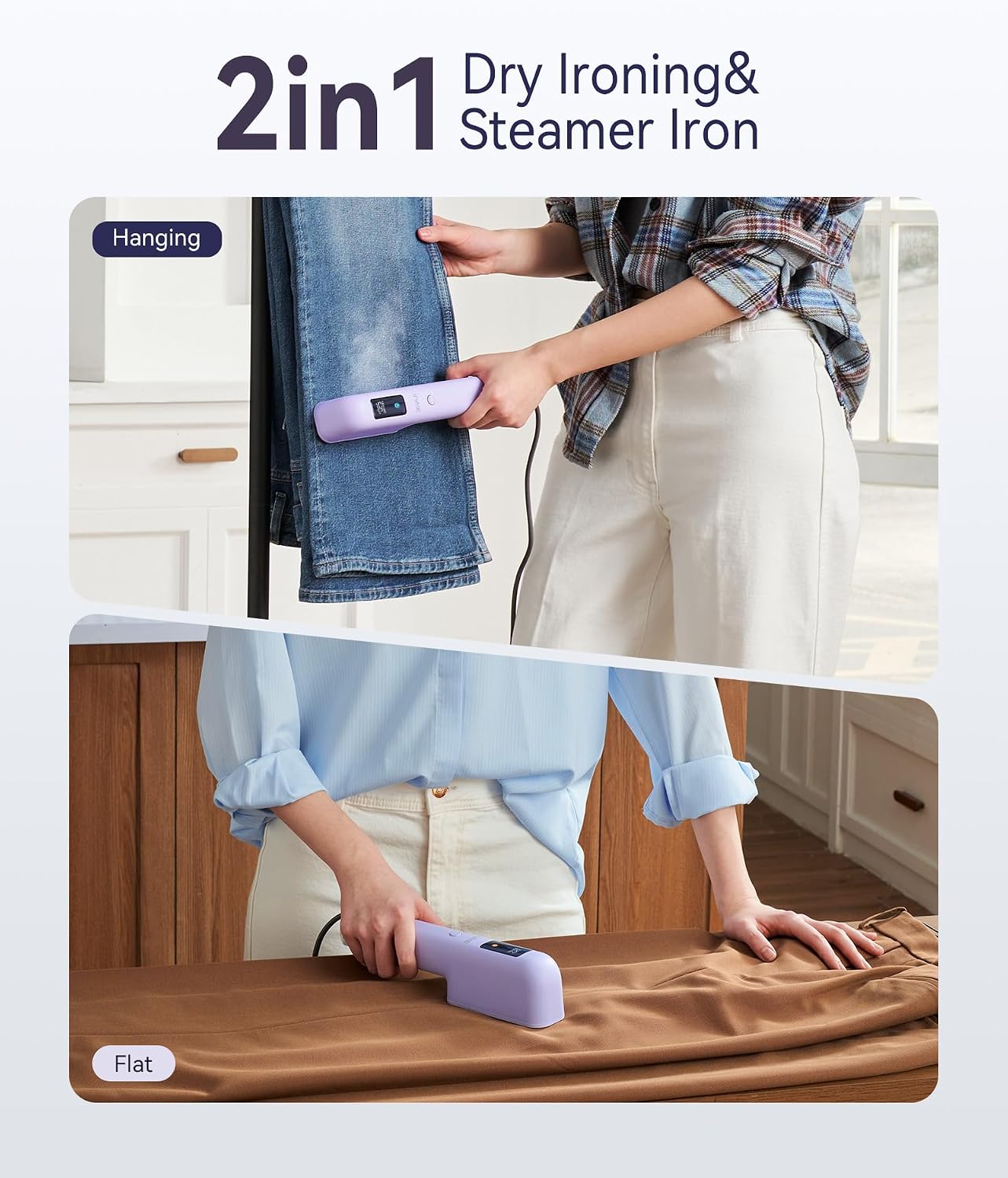 Travel Steamer for Clothes, 100-240V Dual Voltage Handheld Steamer & Iron 2-in-1, Digital Display, 20s Heat Up, Auto Shut-Off, Worldwide Use for Home & Business Travel (Light Purple) — image 7 of 8