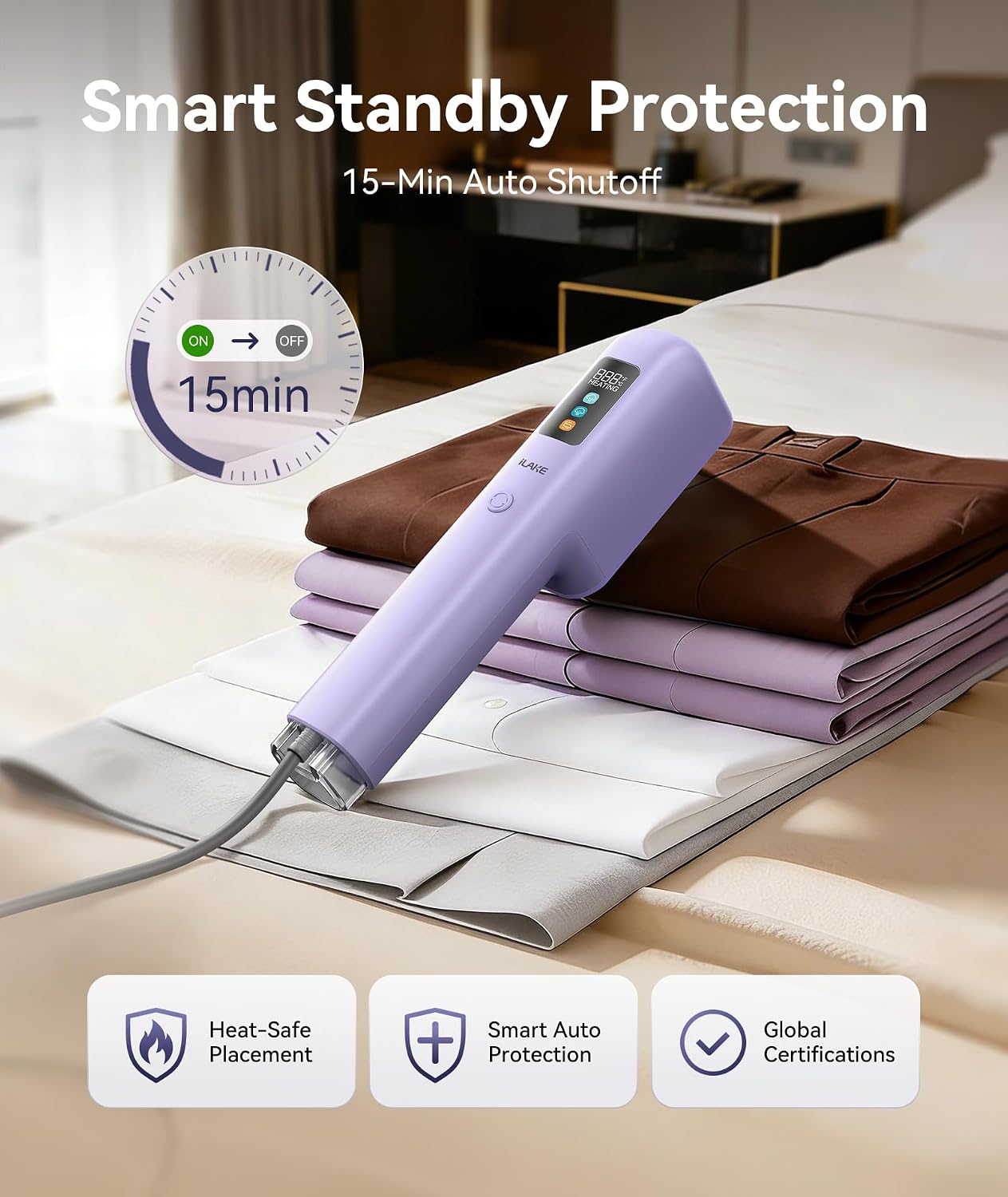 Travel Steamer for Clothes, 100-240V Dual Voltage Handheld Steamer & Iron 2-in-1, Digital Display, 20s Heat Up, Auto Shut-Off, Worldwide Use for Home & Business Travel (Light Purple) — image 8 of 8