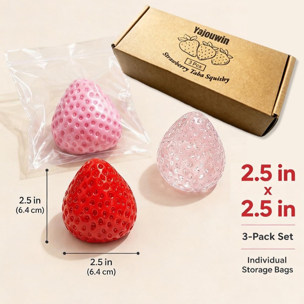 Handmade Strawberry Taba Squishy Toys: 3Pcs Ultra Squishies Squishy Fidget Toys Kawaii Squeeze Toys for Kids and Adults,Relieves Stress Anxiety Gifts for Birthday,Party (Pink Red Transparent Powder) — image 2 of 9