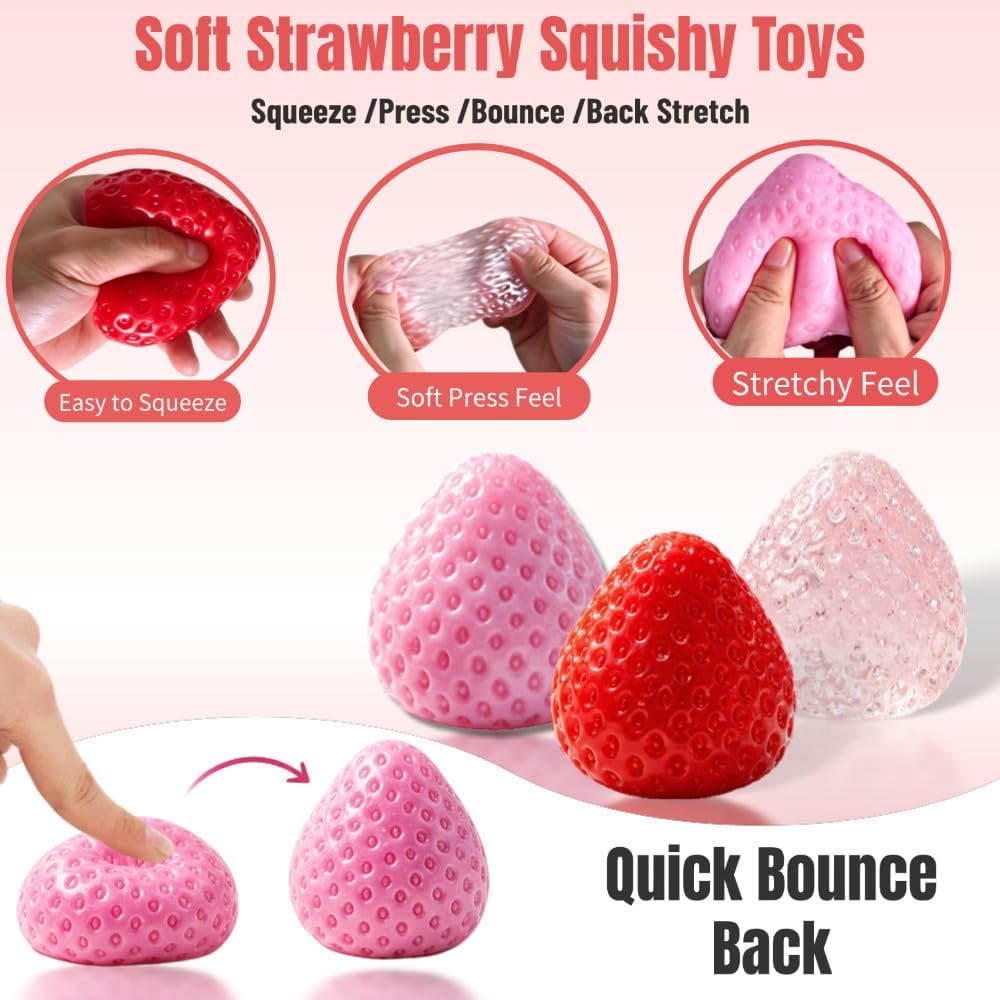 Handmade Strawberry Taba Squishy Toys: 3Pcs Ultra Squishies Squishy Fidget Toys Kawaii Squeeze Toys for Kids and Adults,Relieves Stress Anxiety Gifts for Birthday,Party (Pink Red Transparent Powder) — image 4 of 9