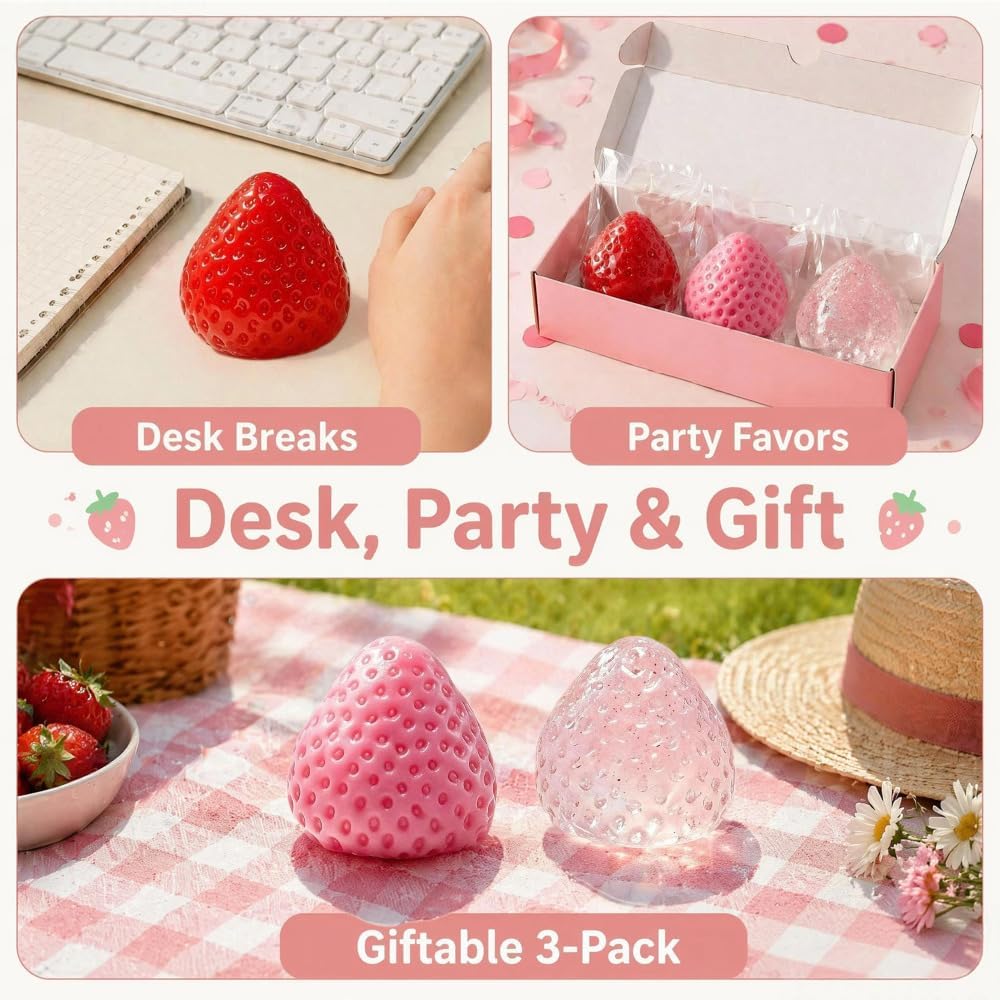 Handmade Strawberry Taba Squishy Toys: 3Pcs Ultra Squishies Squishy Fidget Toys Kawaii Squeeze Toys for Kids and Adults,Relieves Stress Anxiety Gifts for Birthday,Party (Pink Red Transparent Powder) — image 5 of 9