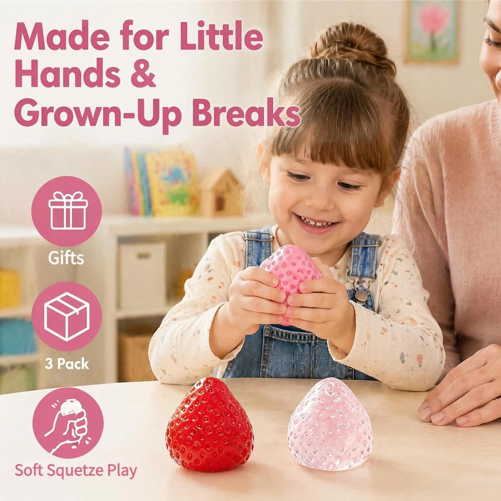 Handmade Strawberry Taba Squishy Toys: 3Pcs Ultra Squishies Squishy Fidget Toys Kawaii Squeeze Toys for Kids and Adults,Relieves Stress Anxiety Gifts for Birthday,Party (Pink Red Transparent Powder) — image 7 of 9
