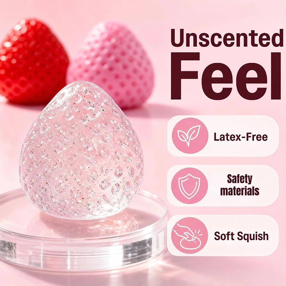 Handmade Strawberry Taba Squishy Toys: 3Pcs Ultra Squishies Squishy Fidget Toys Kawaii Squeeze Toys for Kids and Adults,Relieves Stress Anxiety Gifts for Birthday,Party (Pink Red Transparent Powder) — image 8 of 9