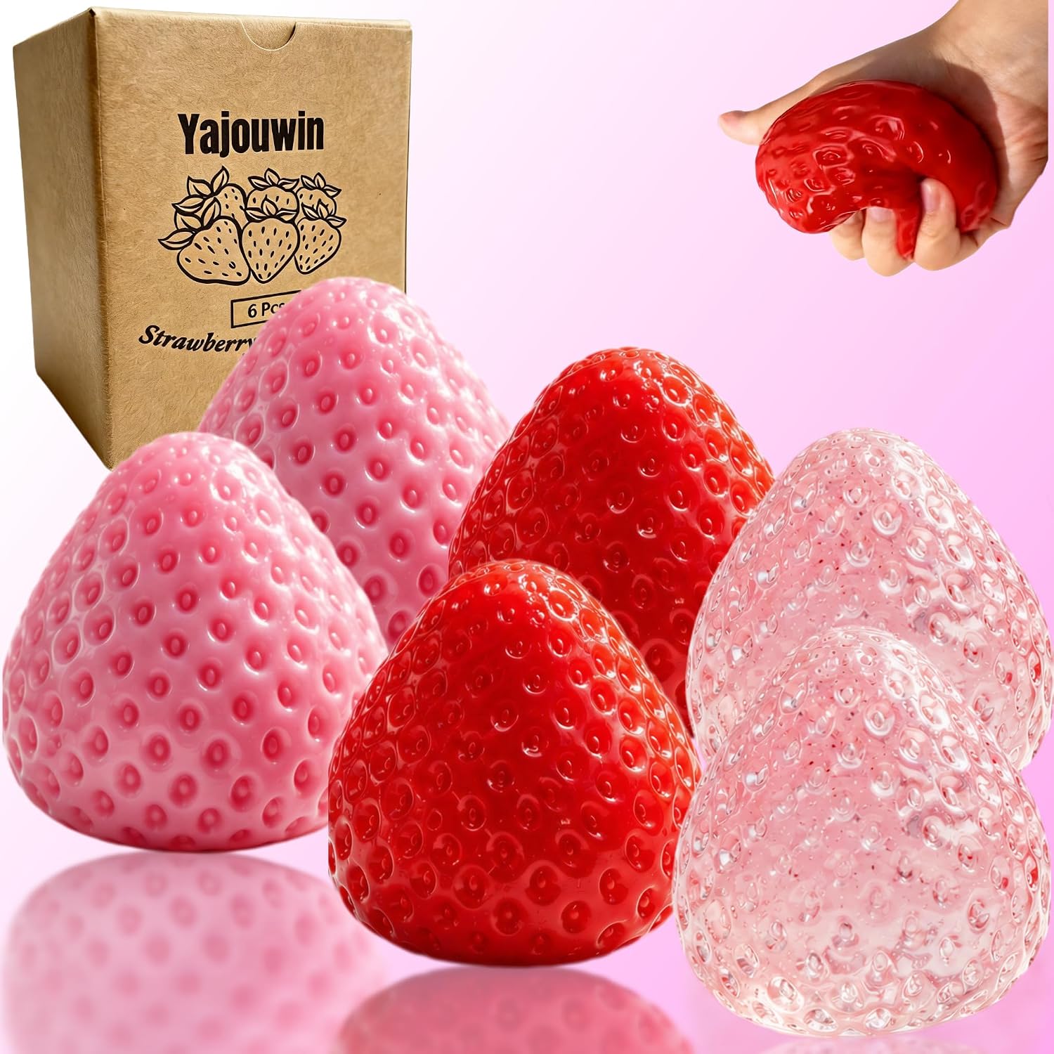 Handmade Strawberry Taba Squishy Toys: 3Pcs Ultra Squishies Squishy Fidget Toys Kawaii Squeeze Toys for Kids and Adults,Relieves Stress Anxiety Gifts for Birthday,Party (Pink Red Transparent Powder) — image 9 of 9