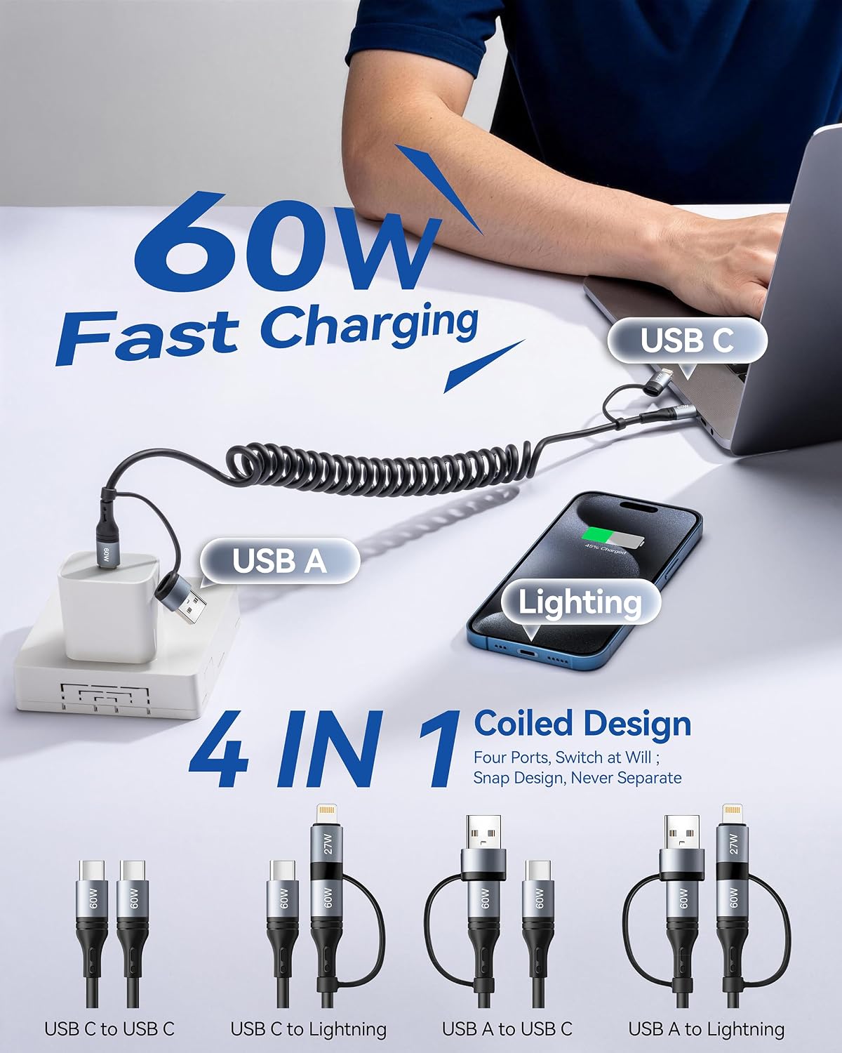 Coiled USB C Cable,60W Short USB C to USB C Cable Fast Charging Cord — image 2 of 8