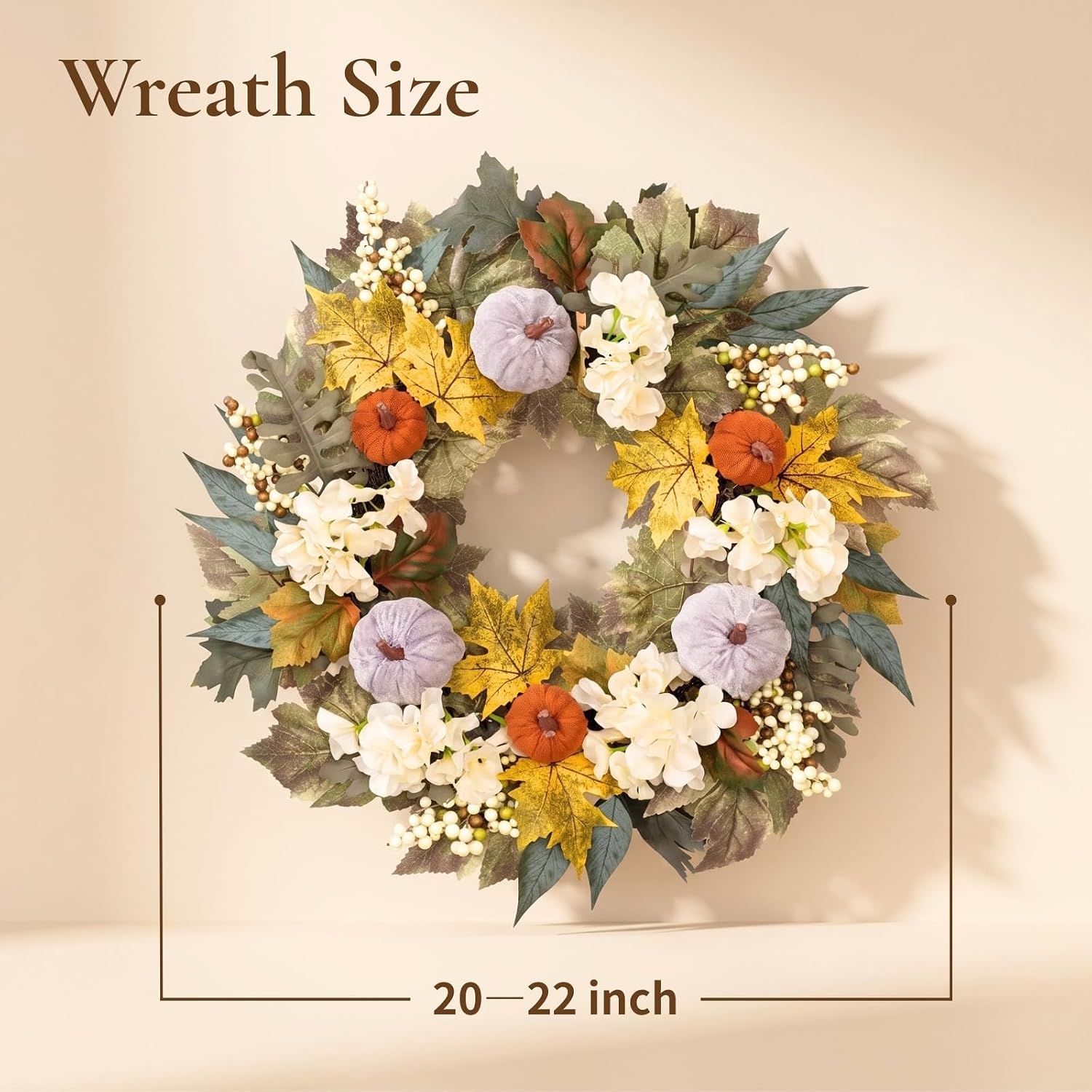 22" Fall Wreath Maple Leaf Velvet Pumpkin Berry Autumn Wreath Fall Decor — image 2 of 7